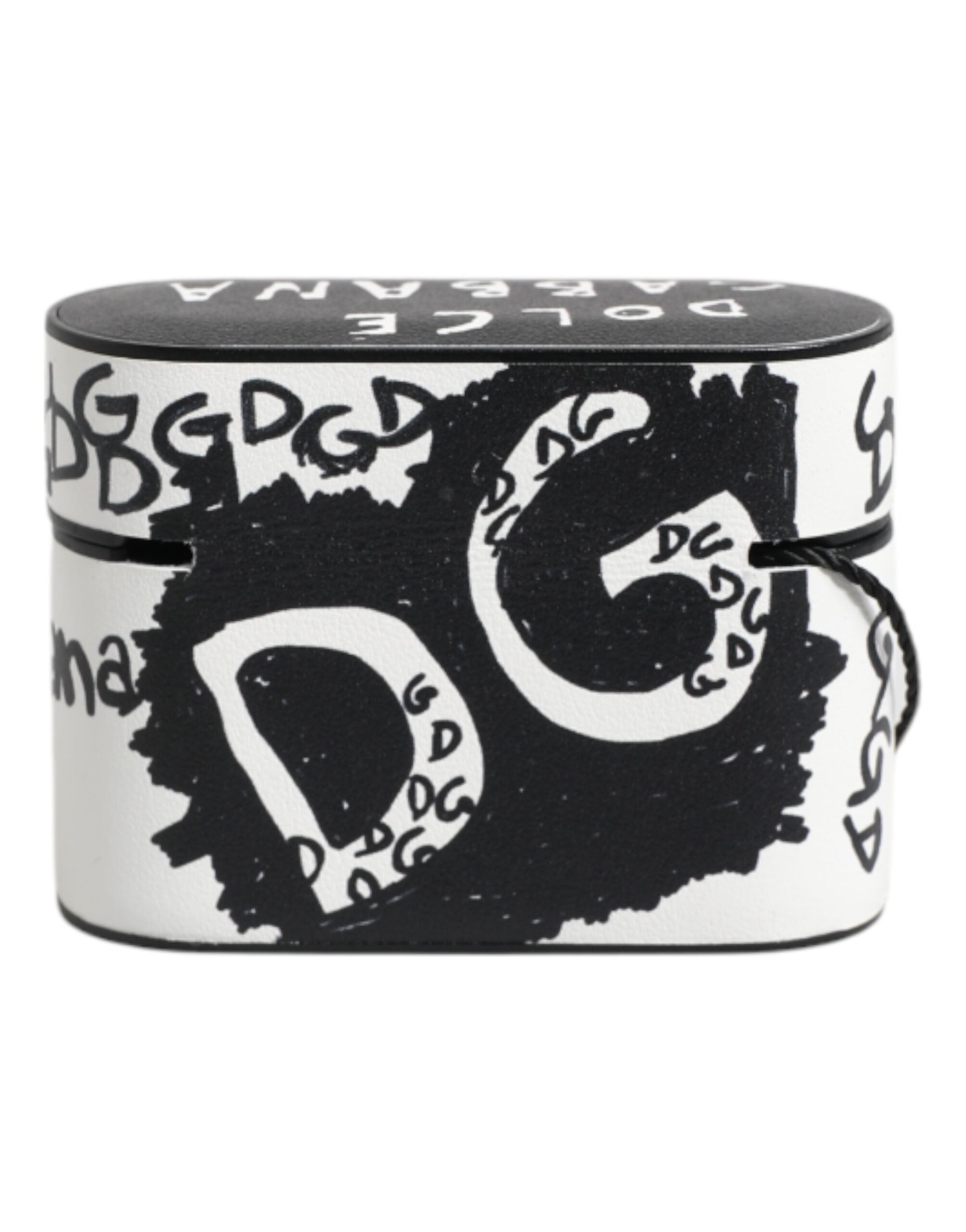 Dolce & Gabbana Schwarzes weißes Leder Scribble mit geprägtem Logo Airpods Etui