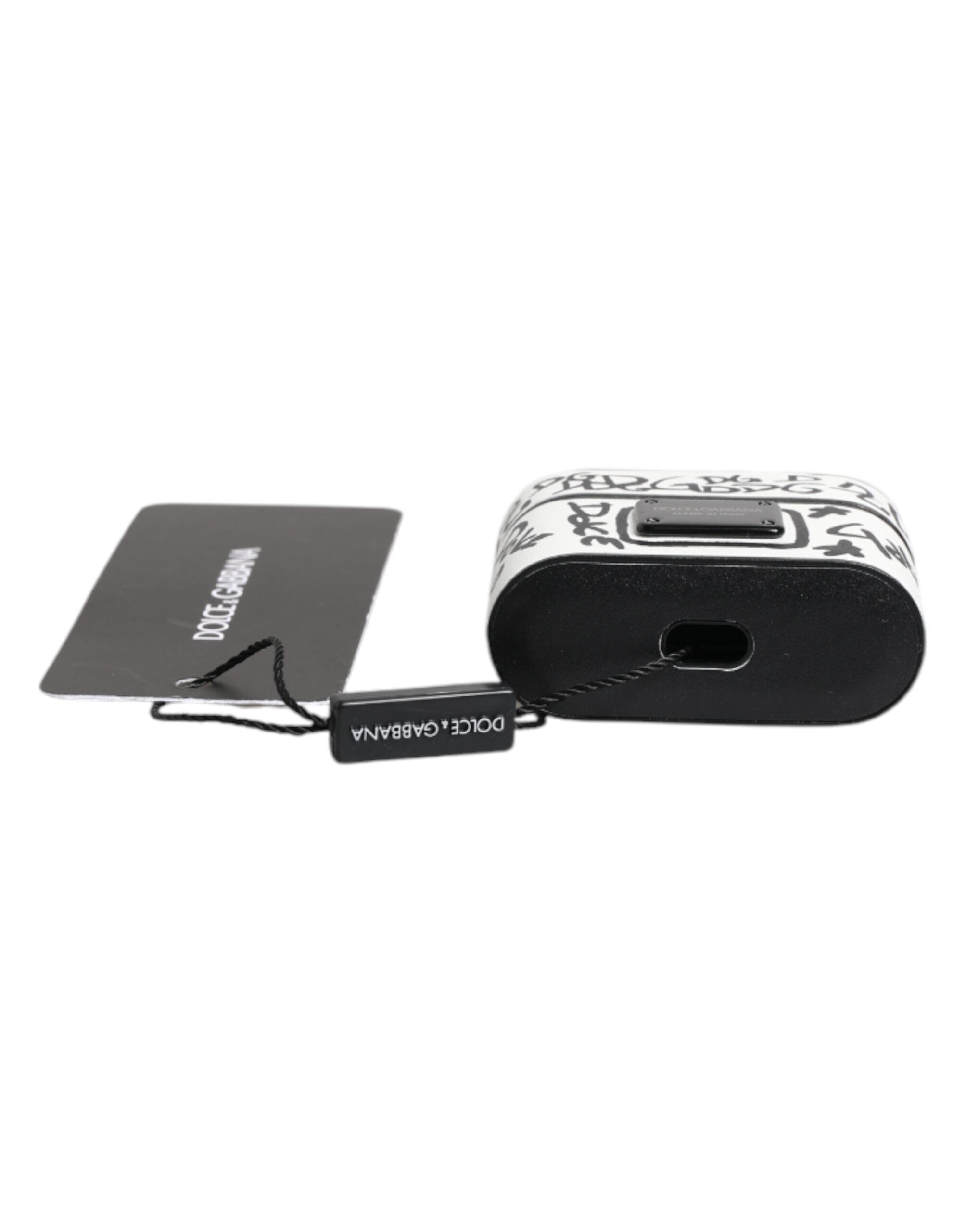 Dolce & Gabbana Schwarzes weißes Leder Scribble mit geprägtem Logo Airpods Etui