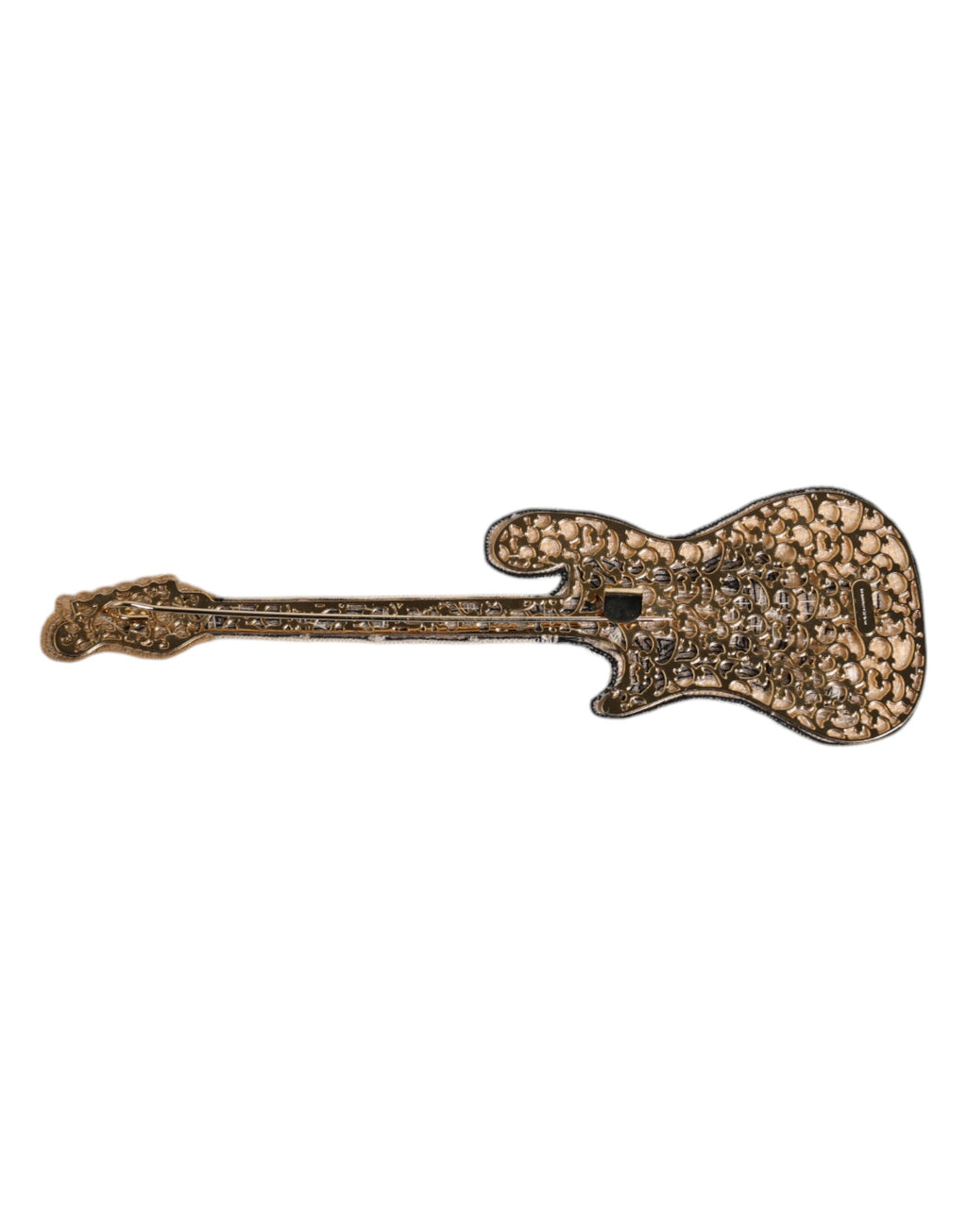 Dolce & Gabbana Brosche mit goldenem Messing-Logo, Perlen und Gitarre