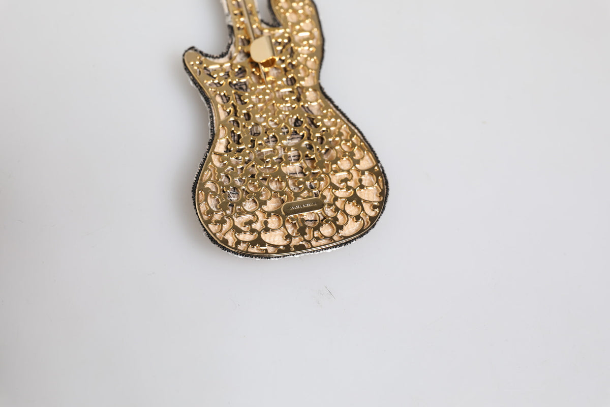 Dolce & Gabbana Brosche mit goldenem Messing-Logo, Perlen und Gitarre