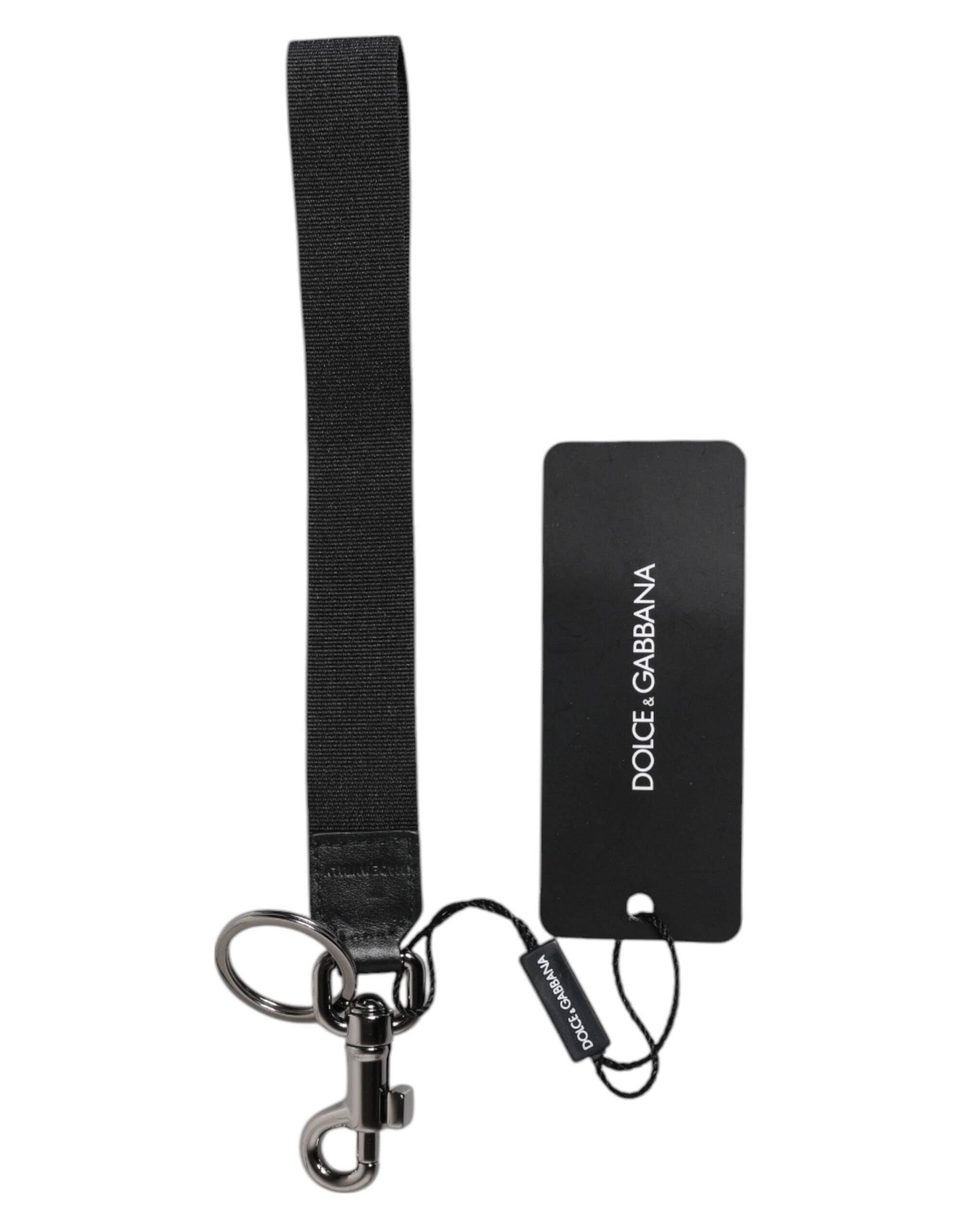 Dolce & Gabbana Schwarzes Logo Nylon Silber Messing Männer Halter Schlüsselanhänger Schlüsselanhänger