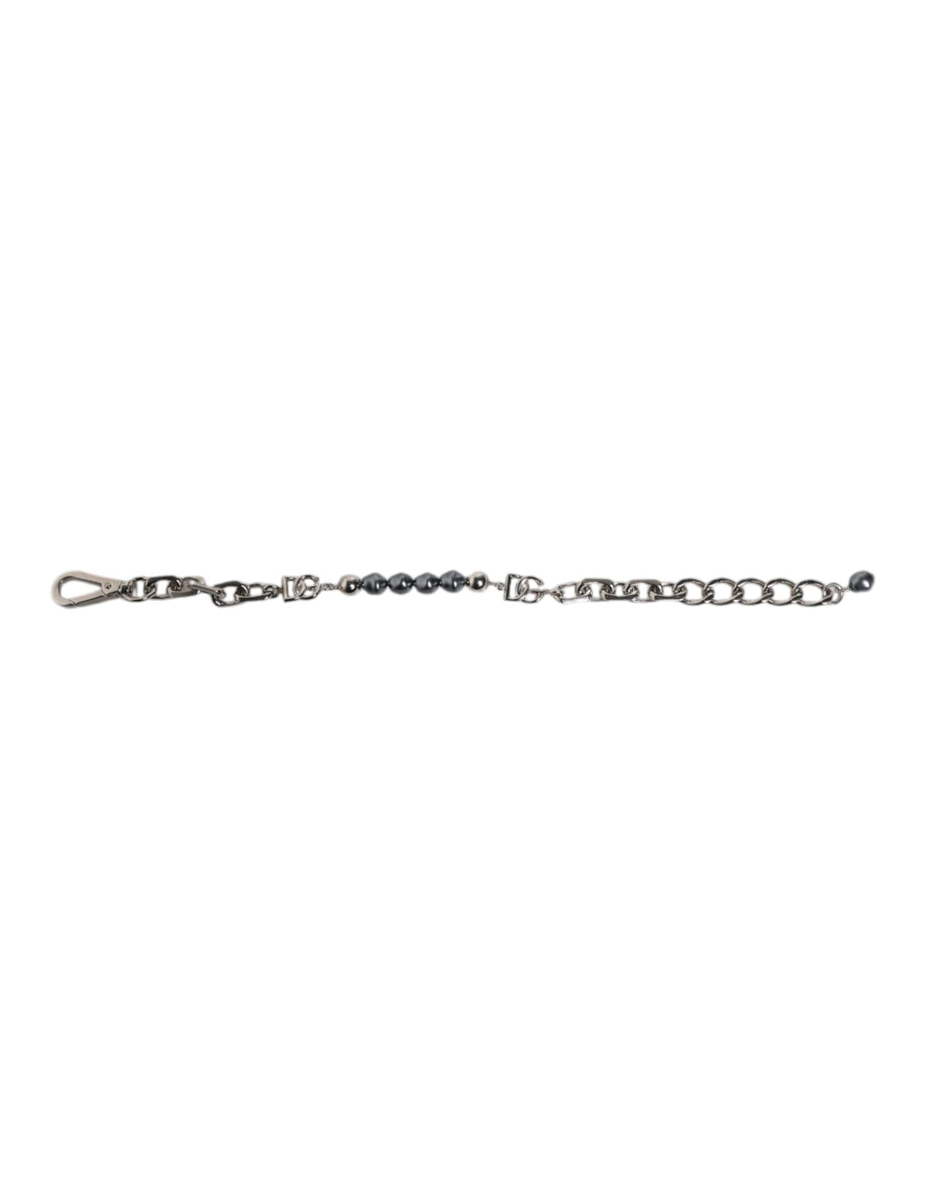 Dolce & Gabbana Silberfarbenes Kettenarmband mit Karabinerverschluss, Logo und grauen Perlen