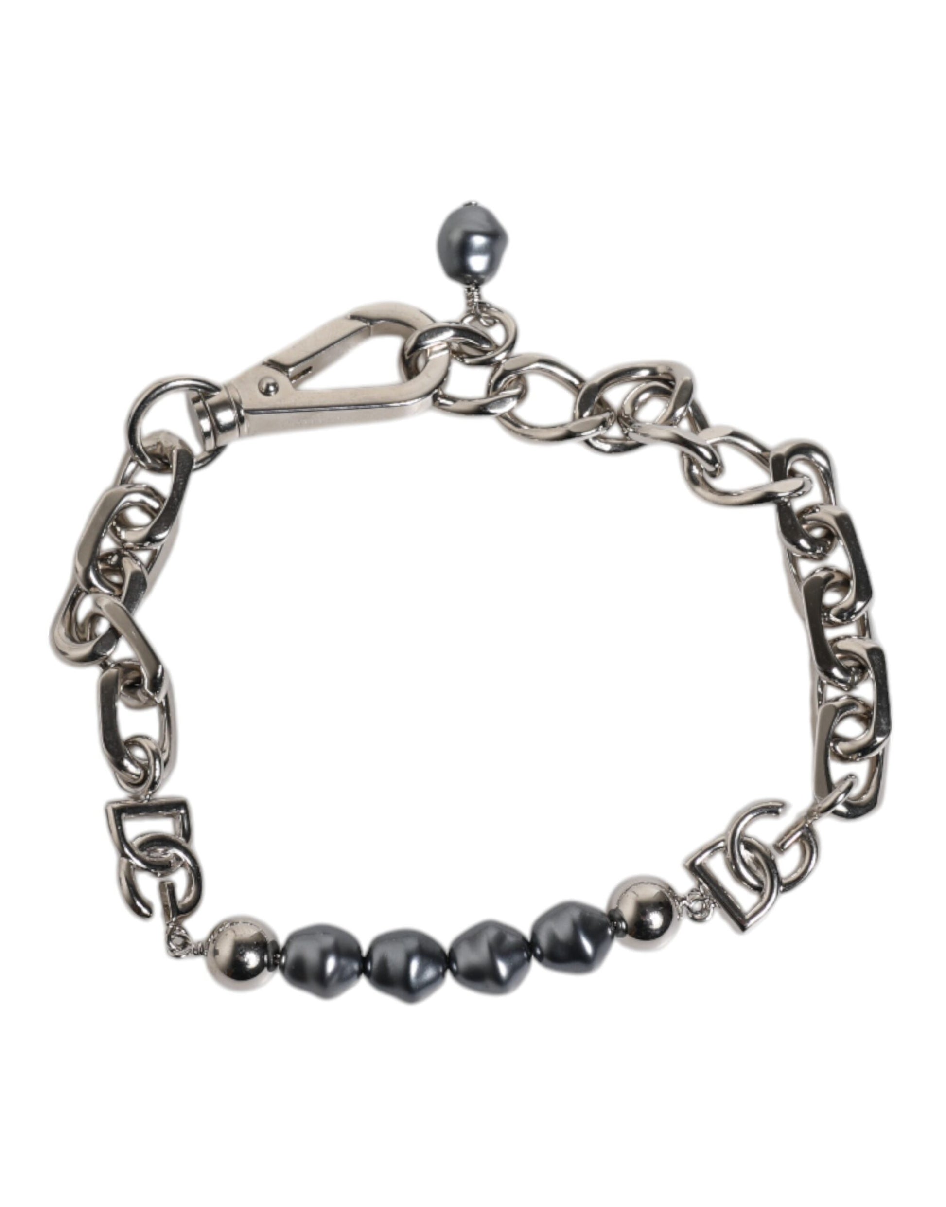 Dolce & Gabbana Silberfarbene Kette Karabinerverschluss Logo Graue Perlen Armband