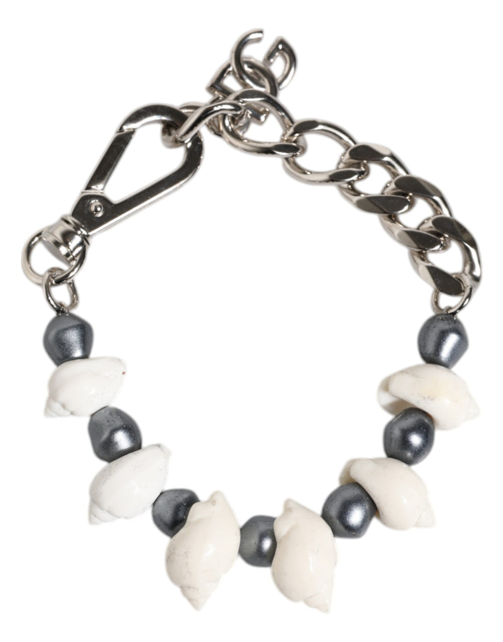 Dolce & Gabbana Silberfarbener Messing Perlen Muschel DG Logo Anhänger Armband