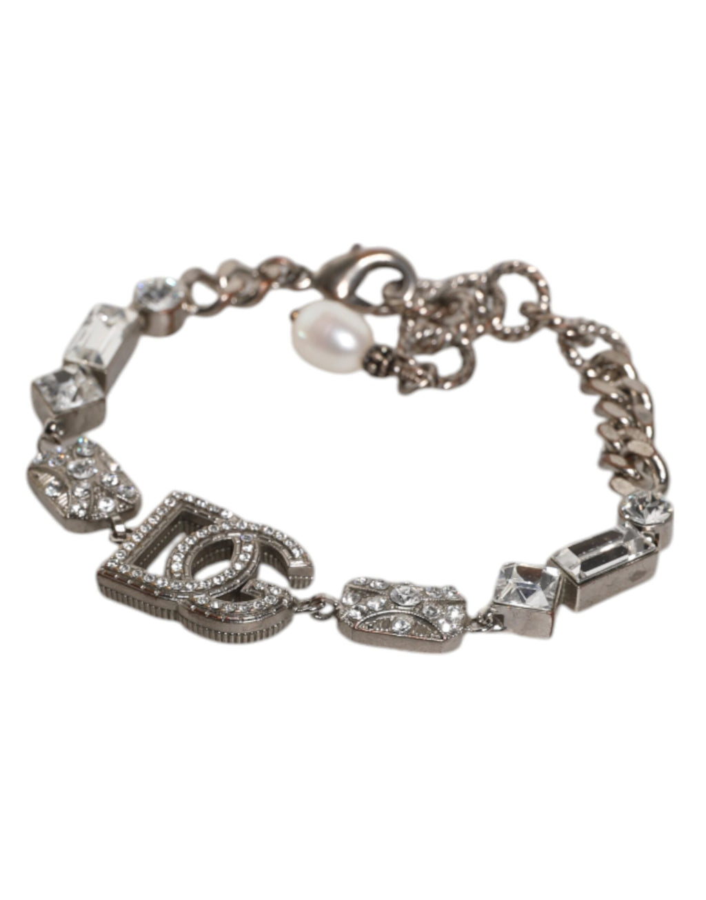 Dolce & Gabbana Silber Messing Kristall DG Logo Charm verschönert Armband