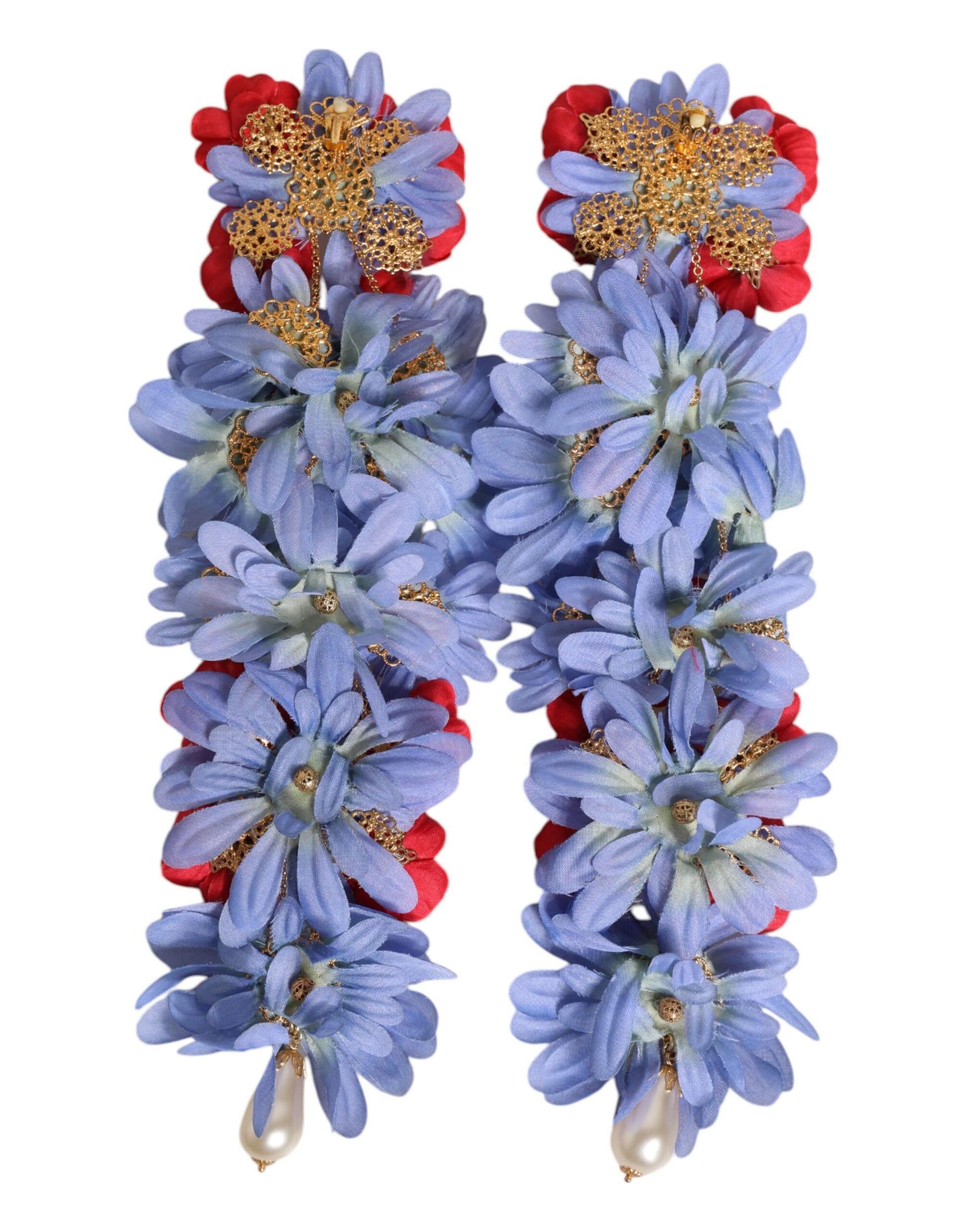 Dolce & Gabbana Gold-Ton Messing Blumen Kristall Clip auf baumelnden Ohrringe