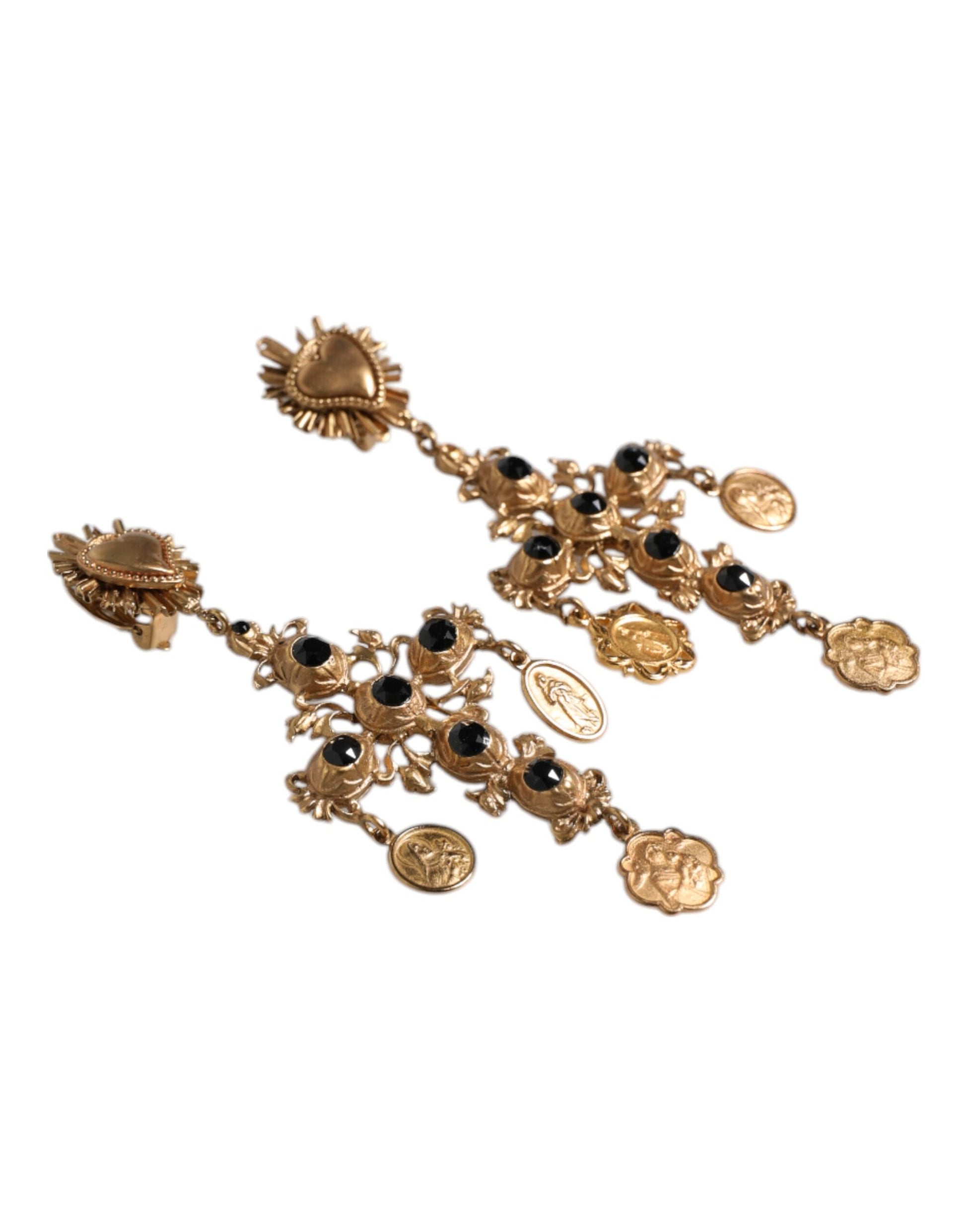Dolce & Gabbana Gold-Schwarzes Kristallkreuz Heiliges Herz baumelnde Ohrringe