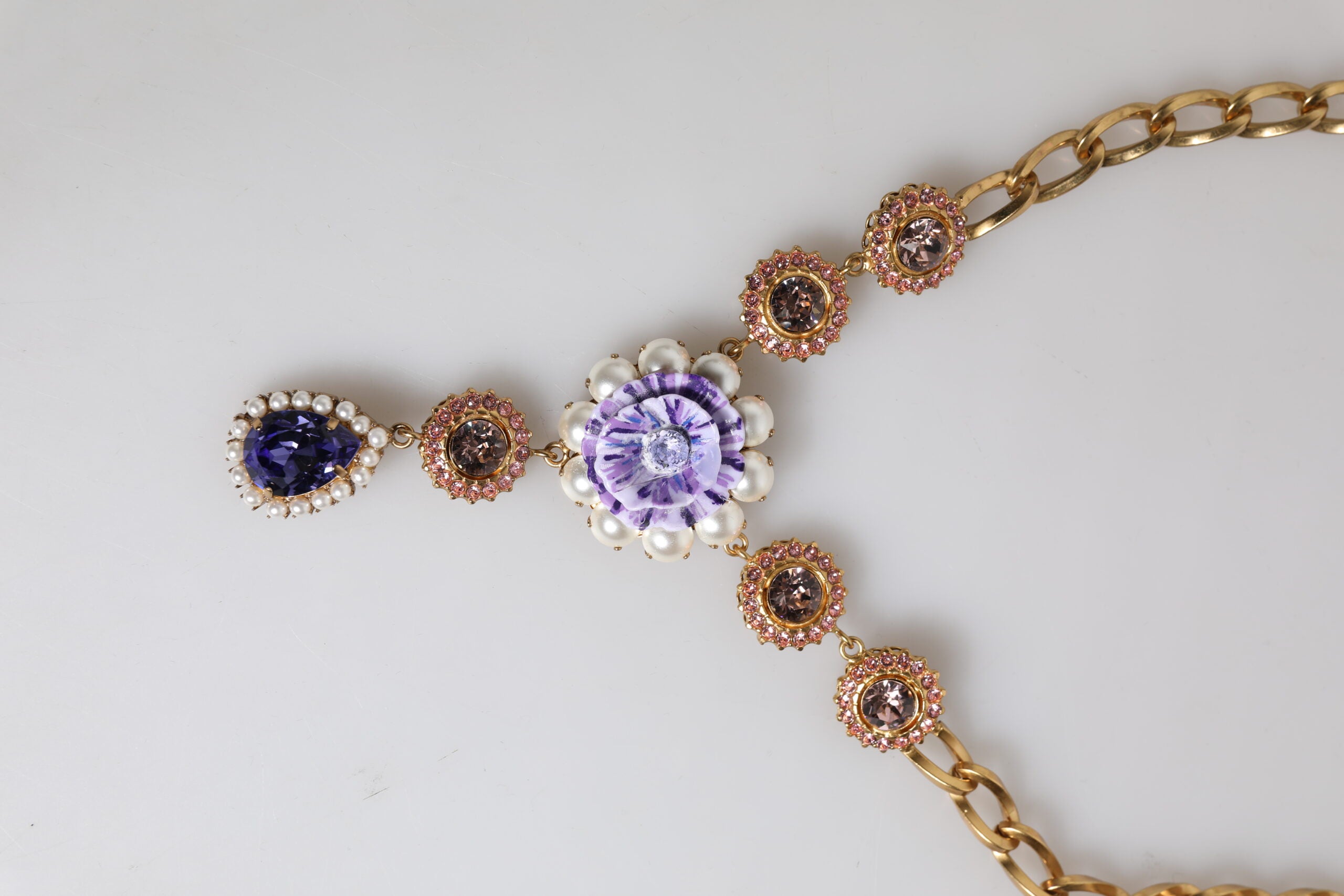 Dolce & Gabbana Gold Messing Floral Kristalle Perlen verschönert Halskette