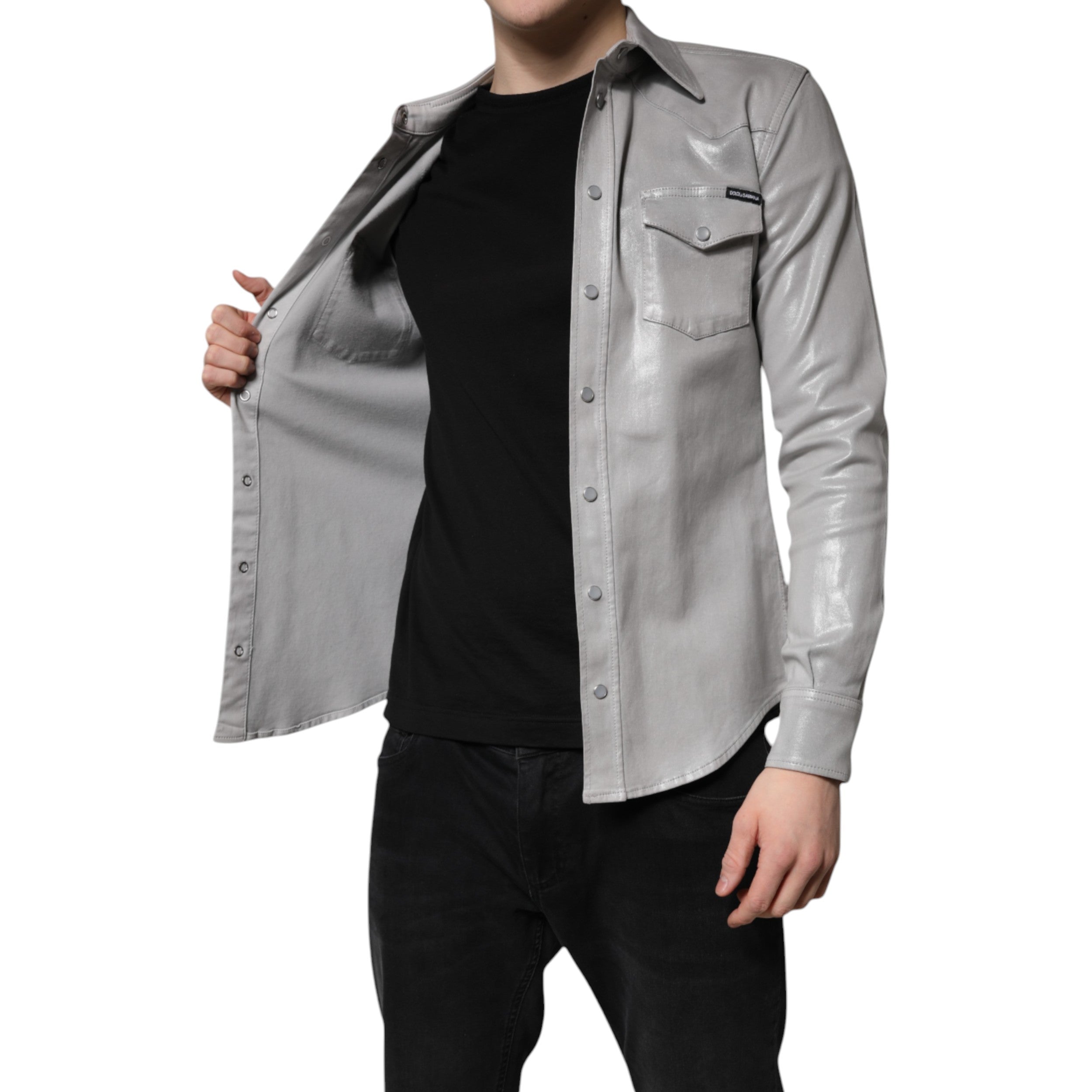 Dolce & Gabbana Metallisch graues Baumwollhemd mit Knopfleiste