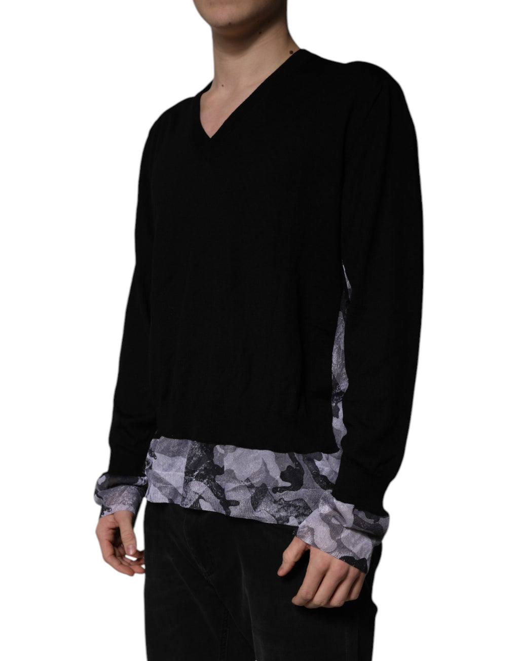 Dolce & Gabbana Schwarzer Camouflage Pullover mit V-Ausschnitt