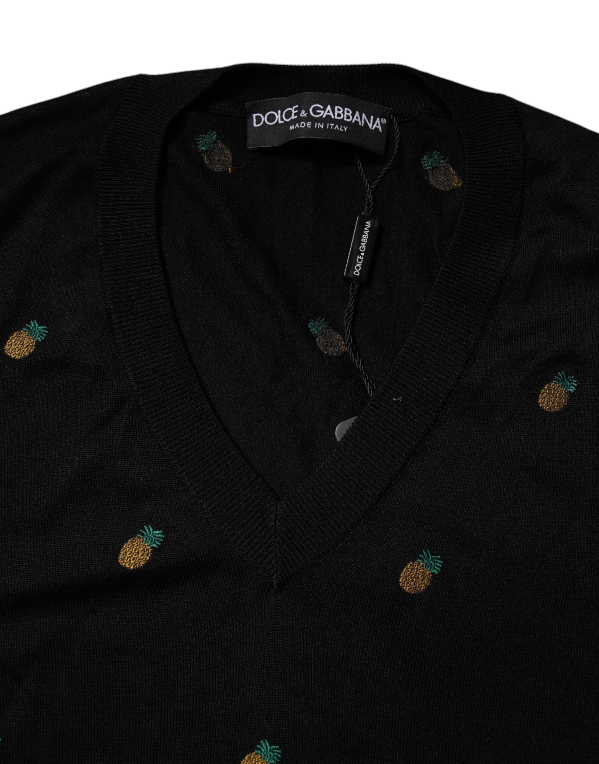 Dolce & Gabbana Schwarzer Ananas-Pullover mit Rundhalsausschnitt