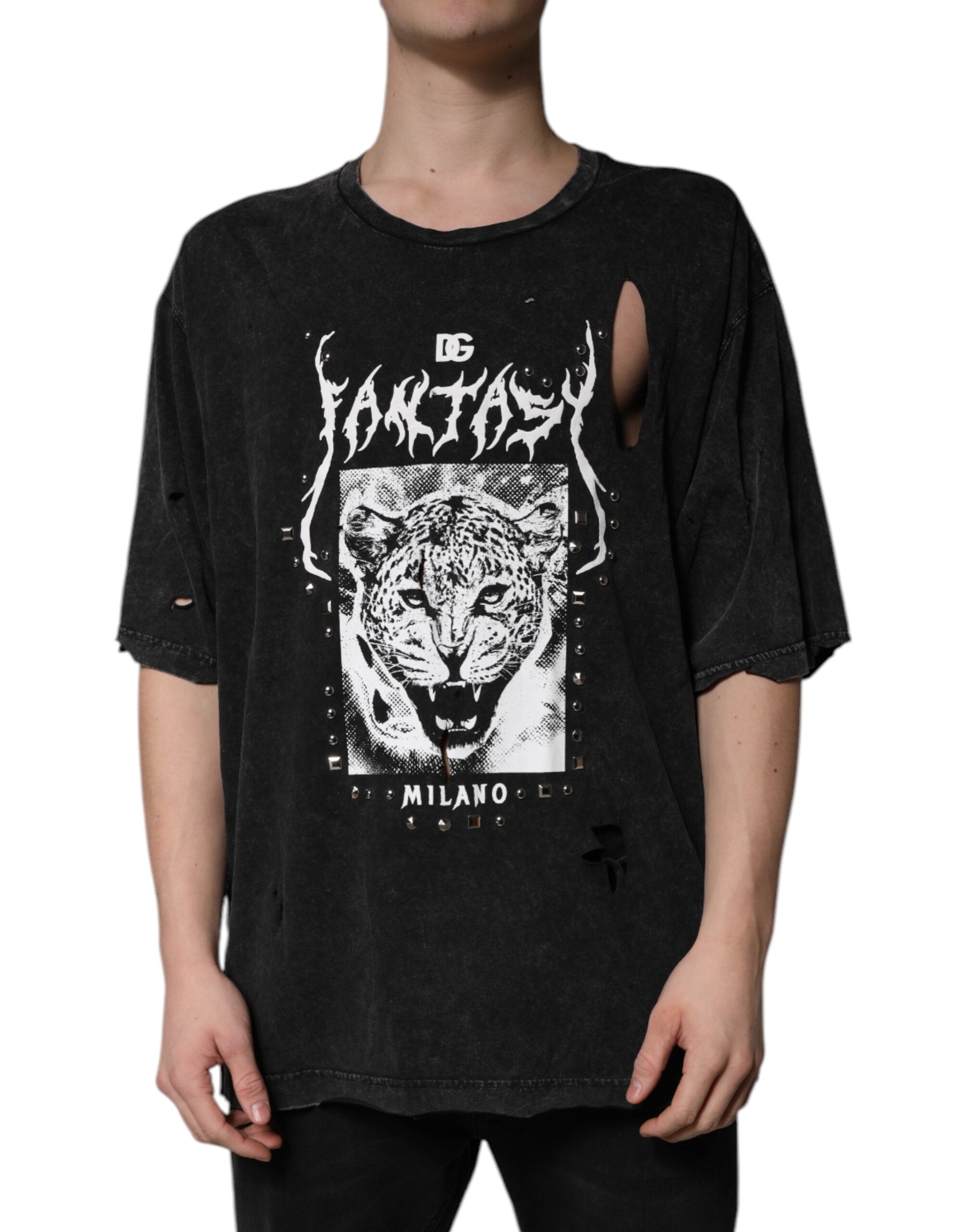 Dolce & Gabbana Schwarzes T-Shirt mit Rundhalsausschnitt aus Baumwolle mit Grafikdruck