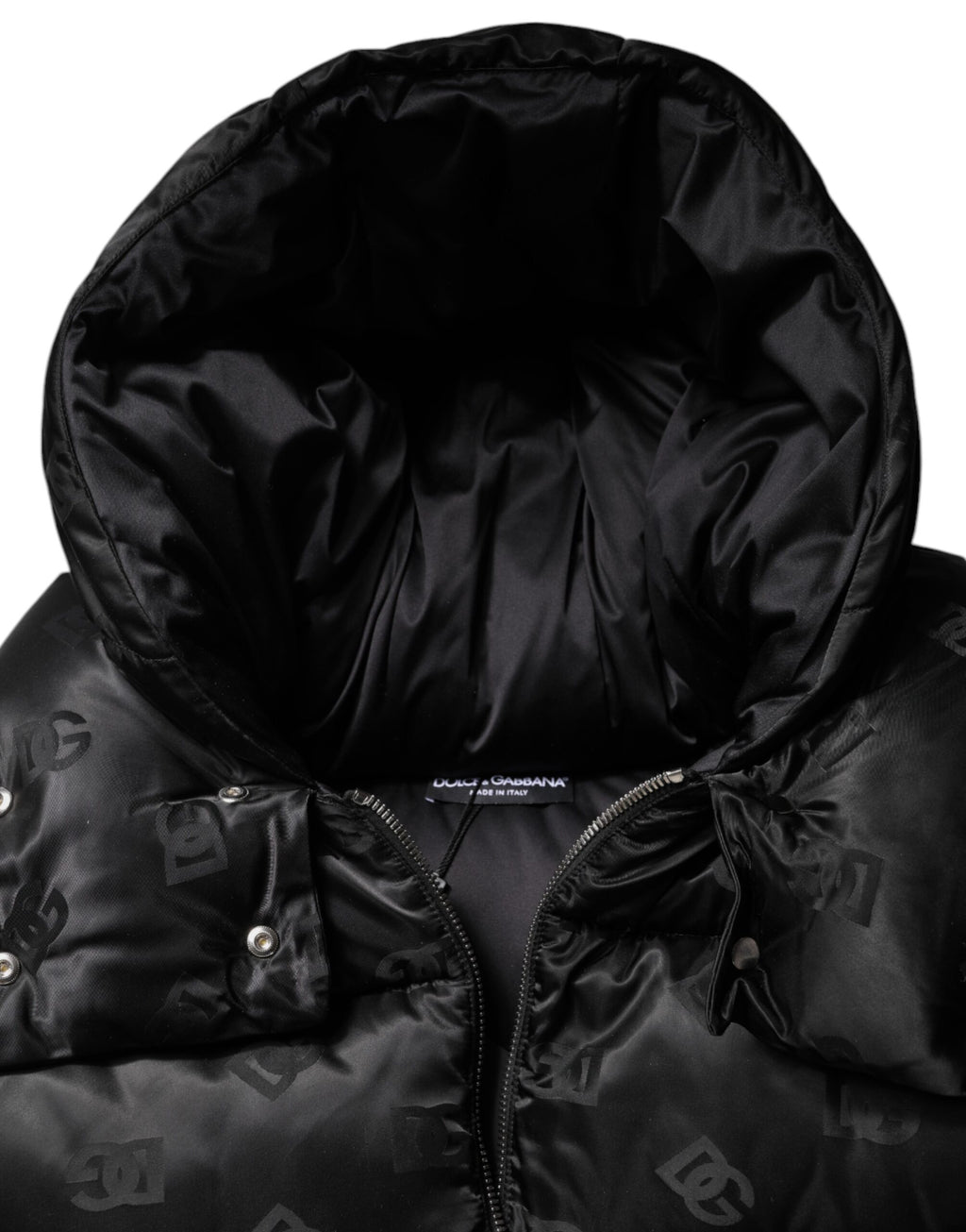 Dolce & Gabbana Schwarze gepolsterte Kapuzenjacke mit durchgehendem Reißverschluss und Cropped Jacket
