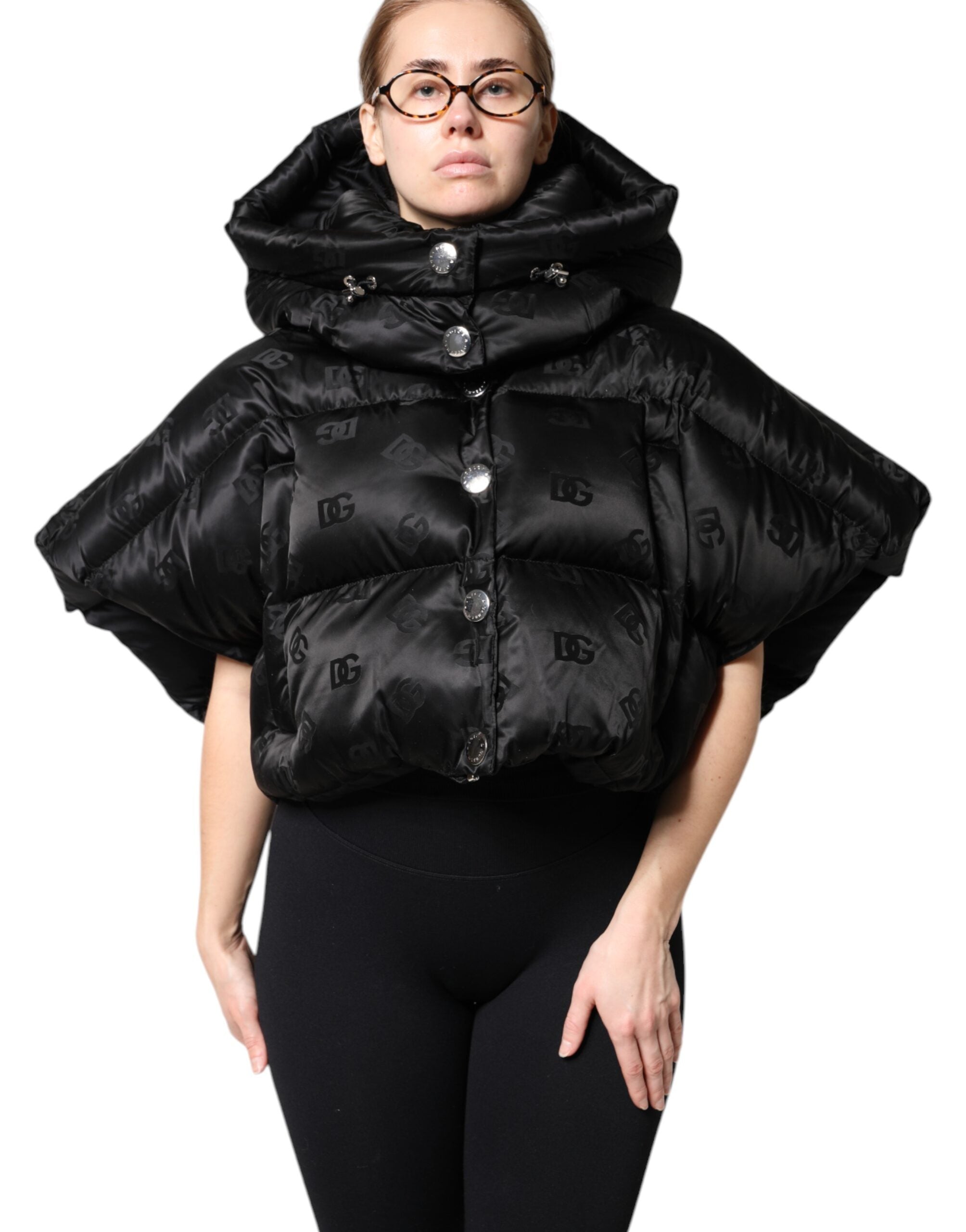 Dolce & Gabbana Schwarze gepolsterte Kapuzenjacke mit durchgehendem Reißverschluss und Cropped Jacket