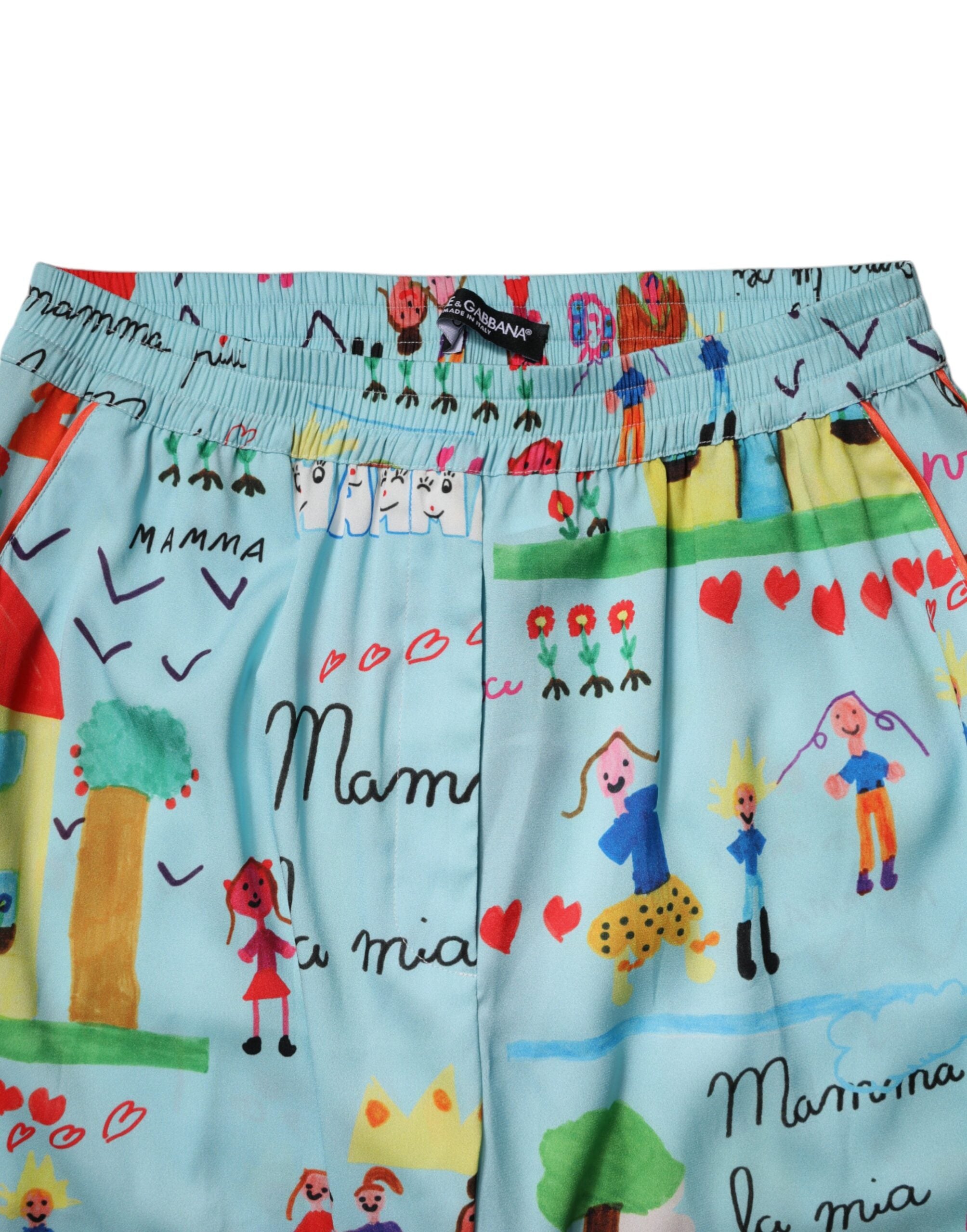 Dolce & Gabbana Hellblaue Zeichnung Mid Waist Wide Leg Pants
