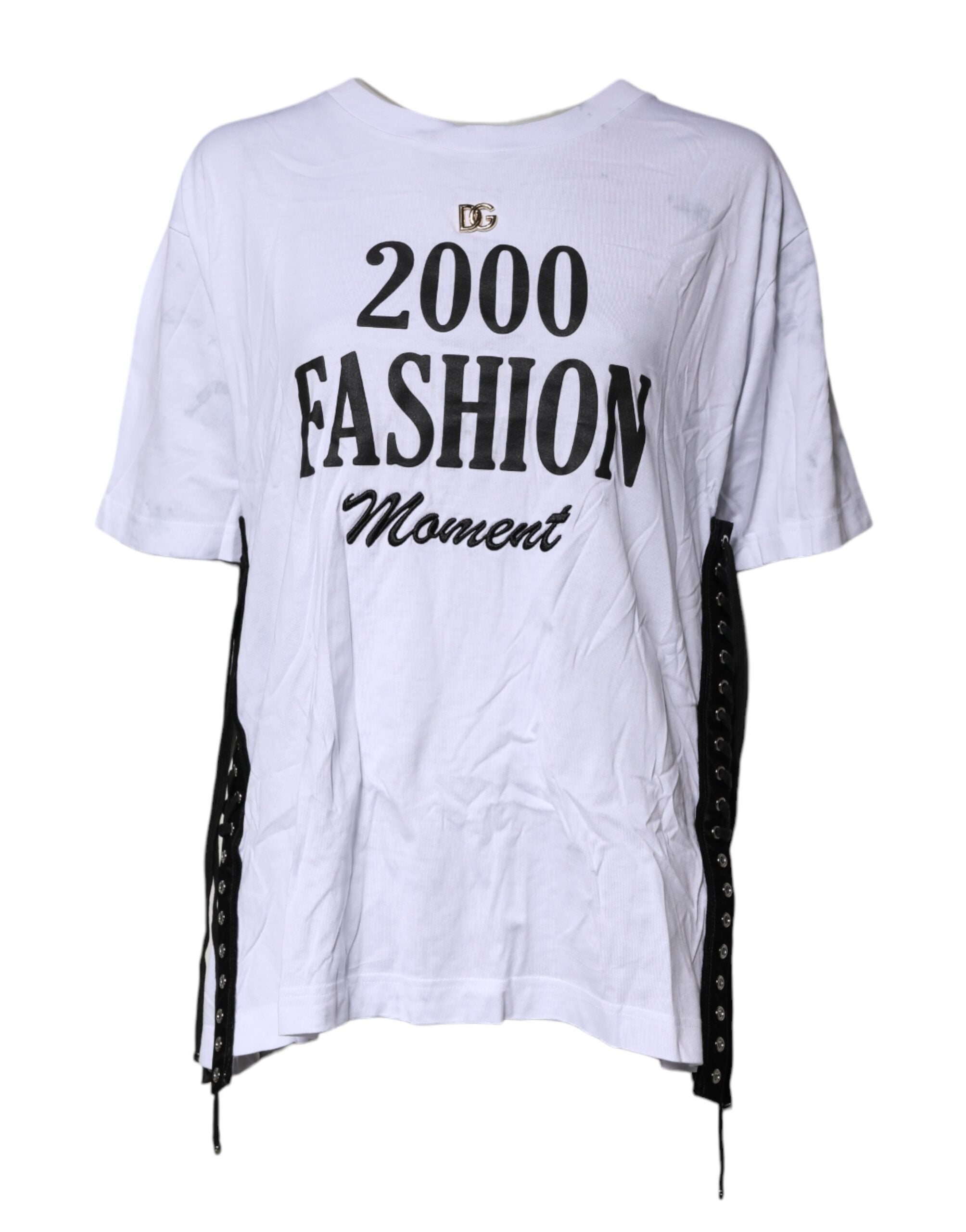 Dolce & Gabbana Weißes T-Shirt mit Rundhalsausschnitt und Schnürung aus Baumwolle