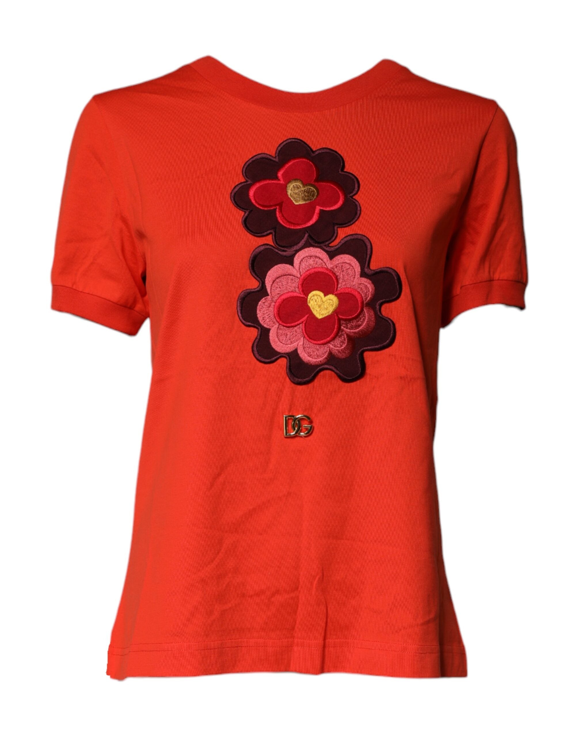 Dolce & Gabbana Rotes T-Shirt mit Blumenstickerei und Rundhalsausschnitt aus Baumwolle