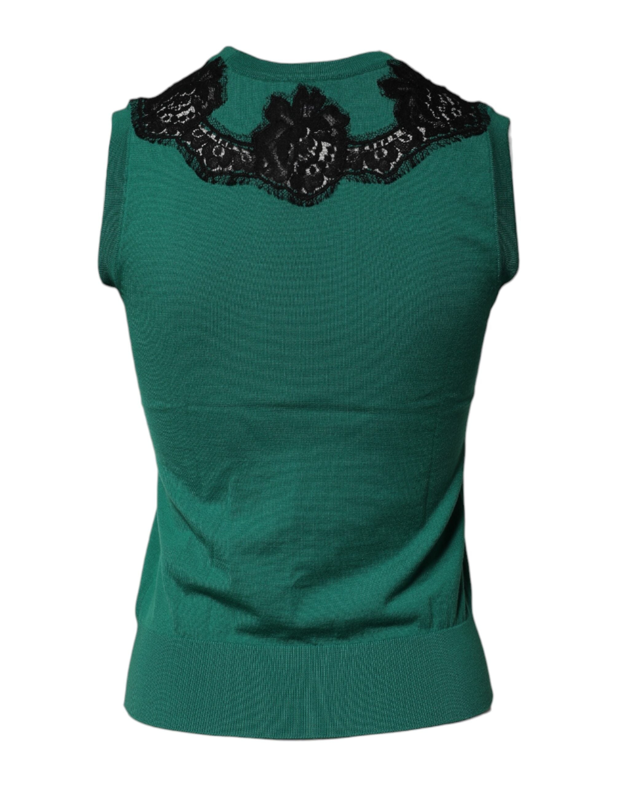 Dolce & Gabbana Grünes ärmelloses Tanktop aus Wolle mit Spitzendetail