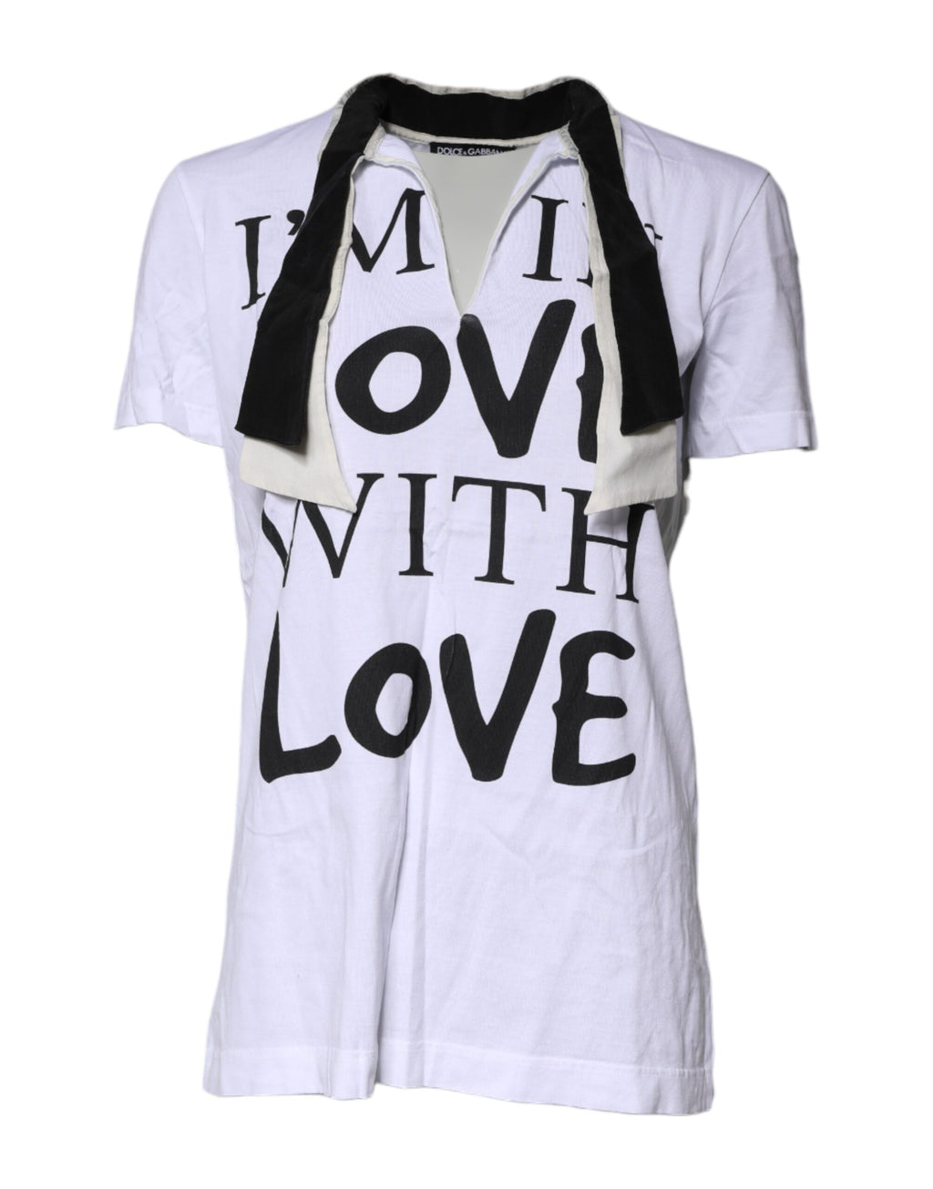 Dolce & Gabbana Weißes T-Shirt mit Ascot-Kragen aus Baumwoll-Seidenmischung