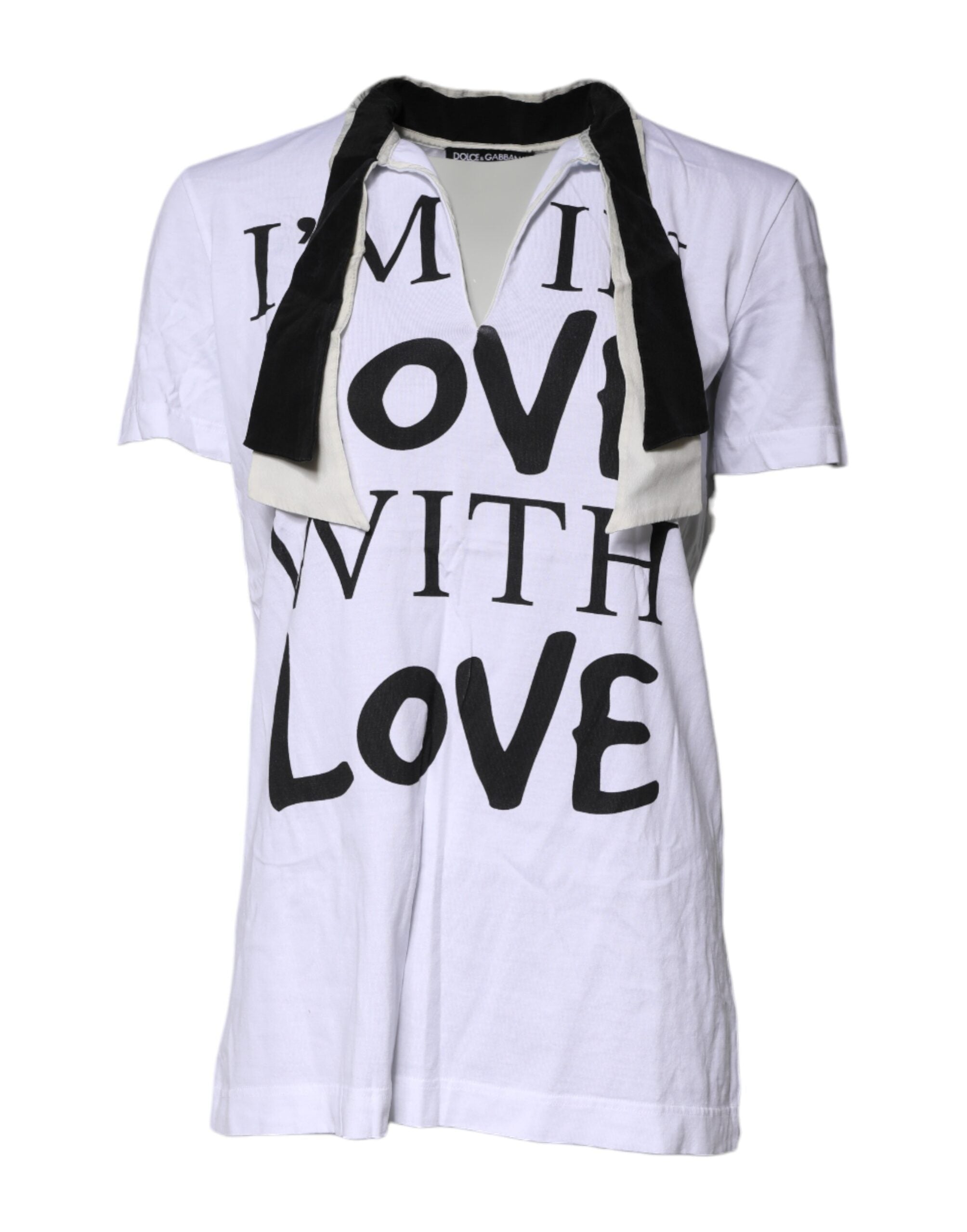 Dolce & Gabbana Weißes T-Shirt mit Ascot-Kragen aus Baumwoll-Seidenmischung