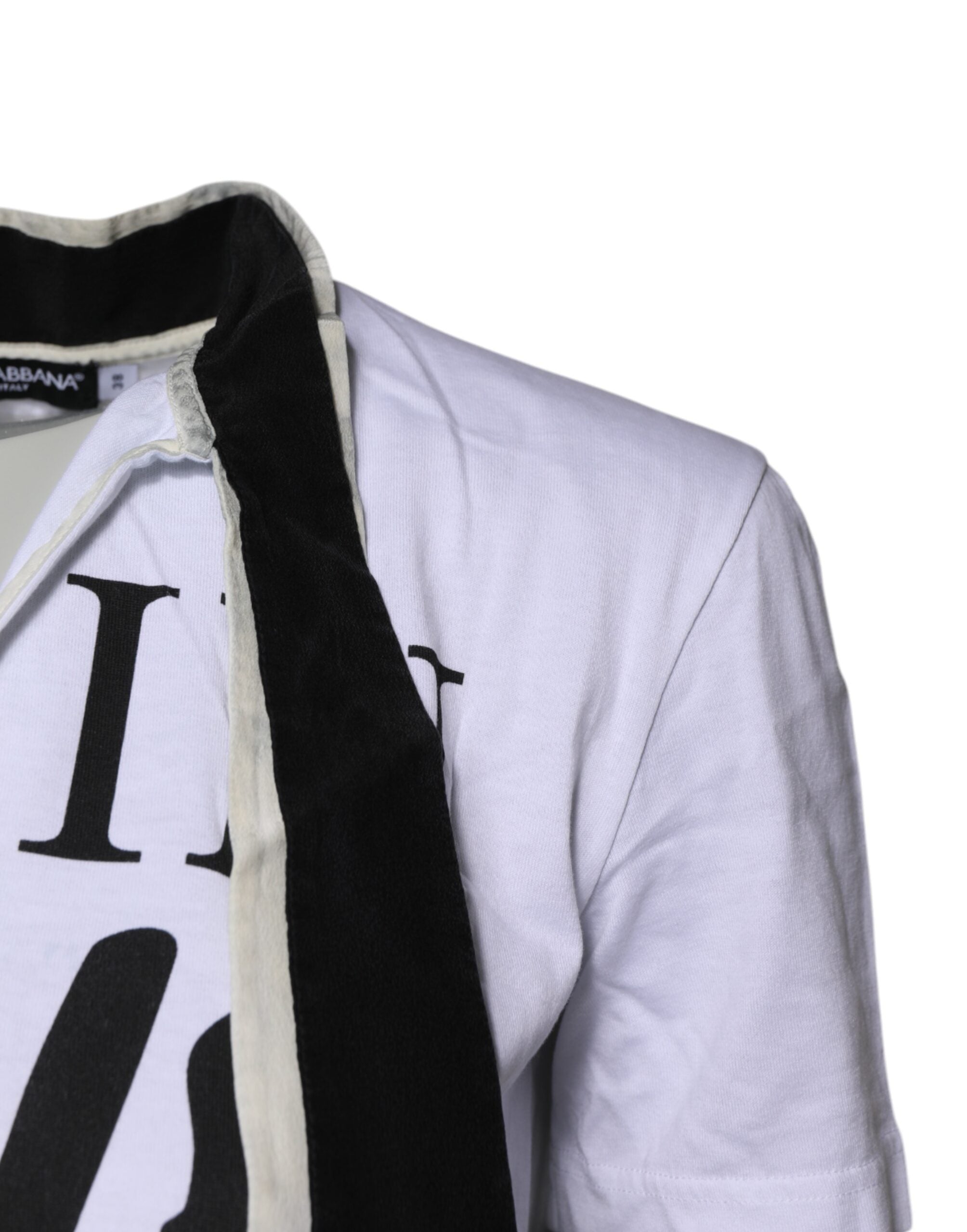 Dolce & Gabbana Weißes T-Shirt mit Ascot-Kragen aus Baumwoll-Seidenmischung