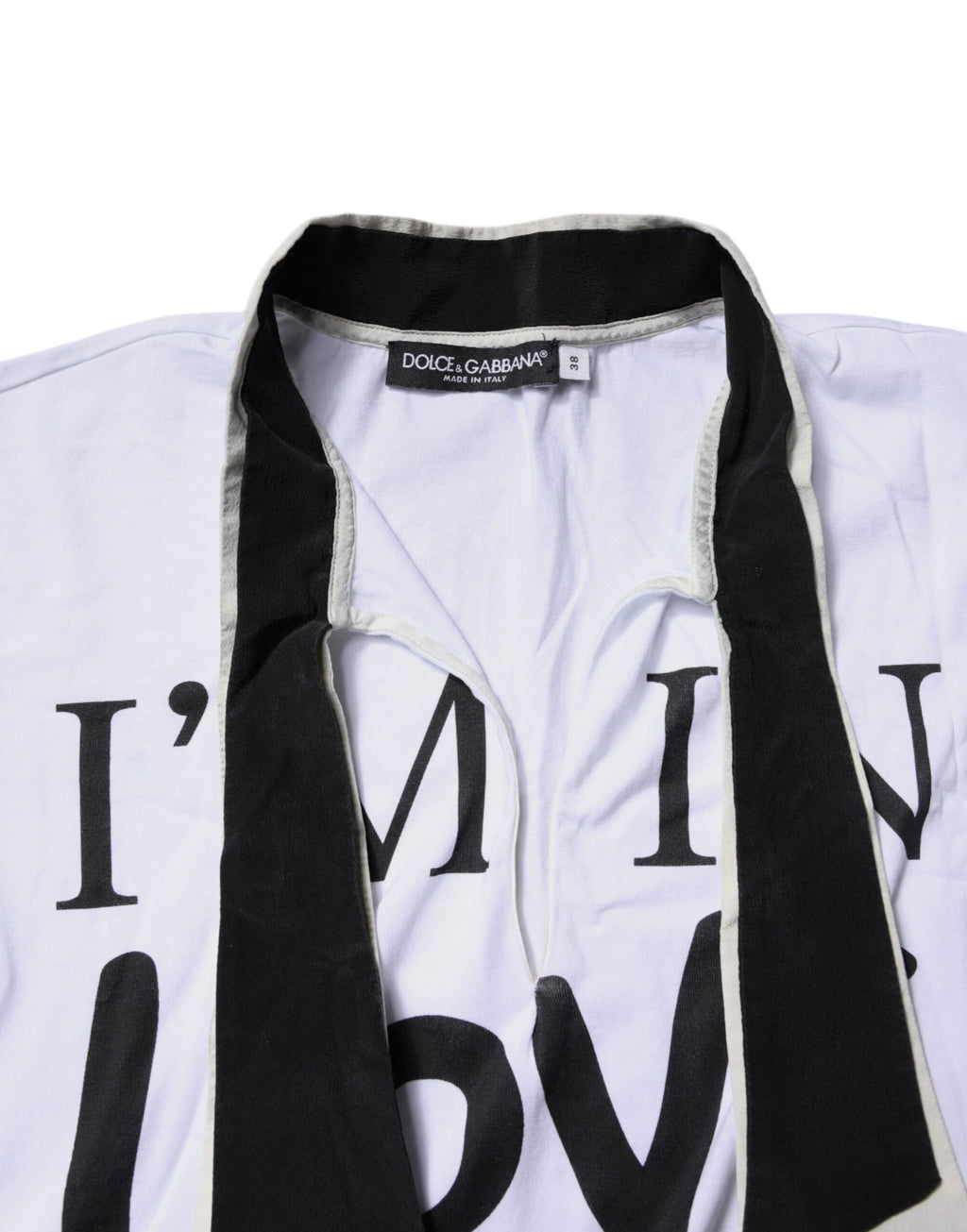 Dolce & Gabbana Weißes T-Shirt mit Ascot-Kragen aus Baumwoll-Seidenmischung