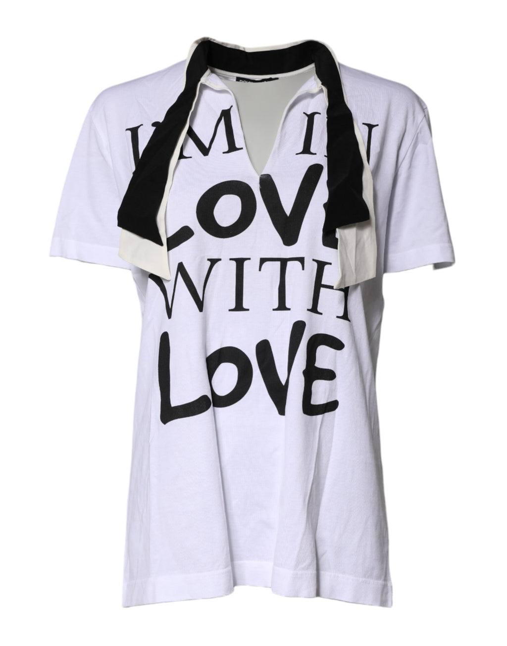 Dolce & Gabbana Weißes T-Shirt mit Ascot-Kragen aus Baumwoll-Seidenmischung