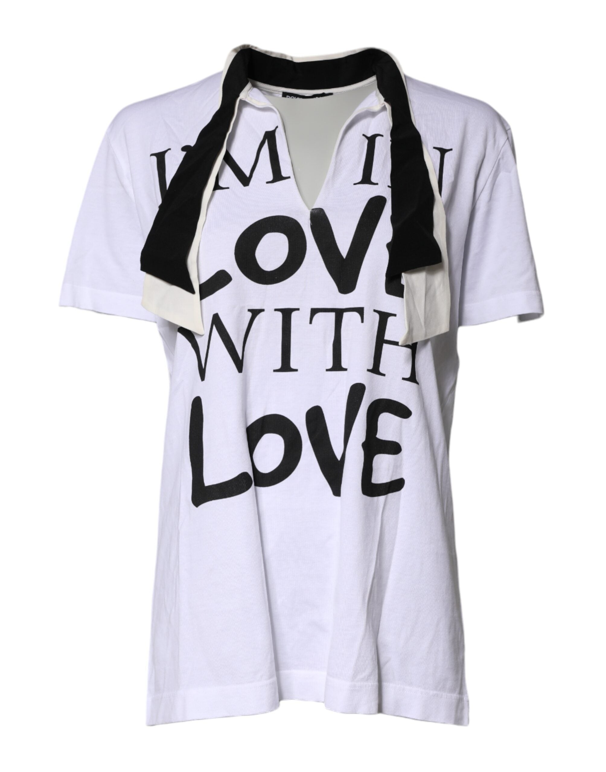 Dolce & Gabbana Weißes T-Shirt mit Ascot-Kragen aus Baumwoll-Seidenmischung