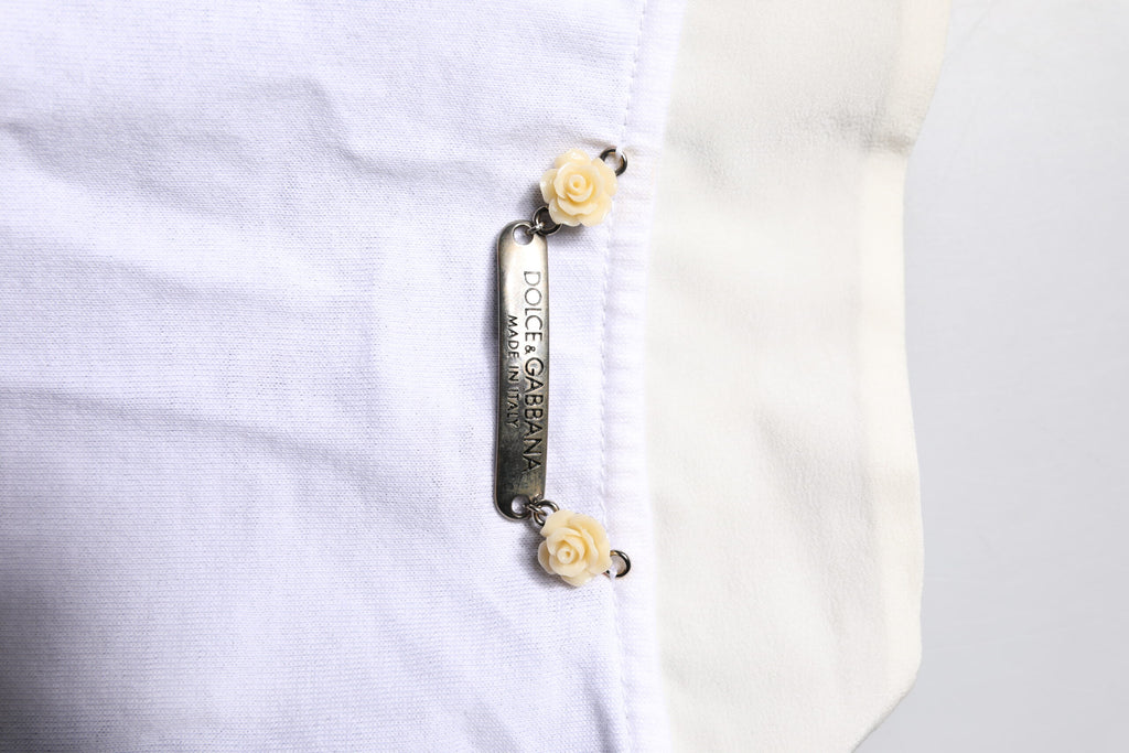 Dolce & Gabbana Weißes T-Shirt mit Ascot-Kragen aus Baumwoll-Seidenmischung