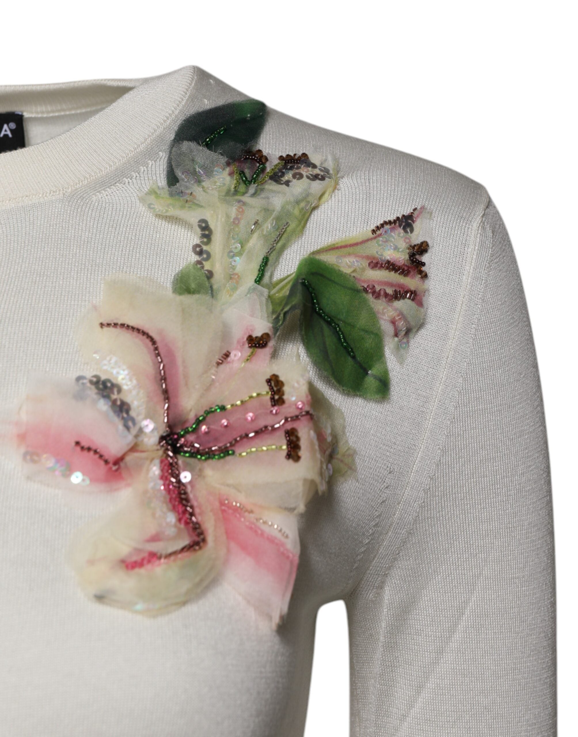 Dolce & Gabbana Cremefarbener, floraler Strickpullover aus Seide mit Verzierungen