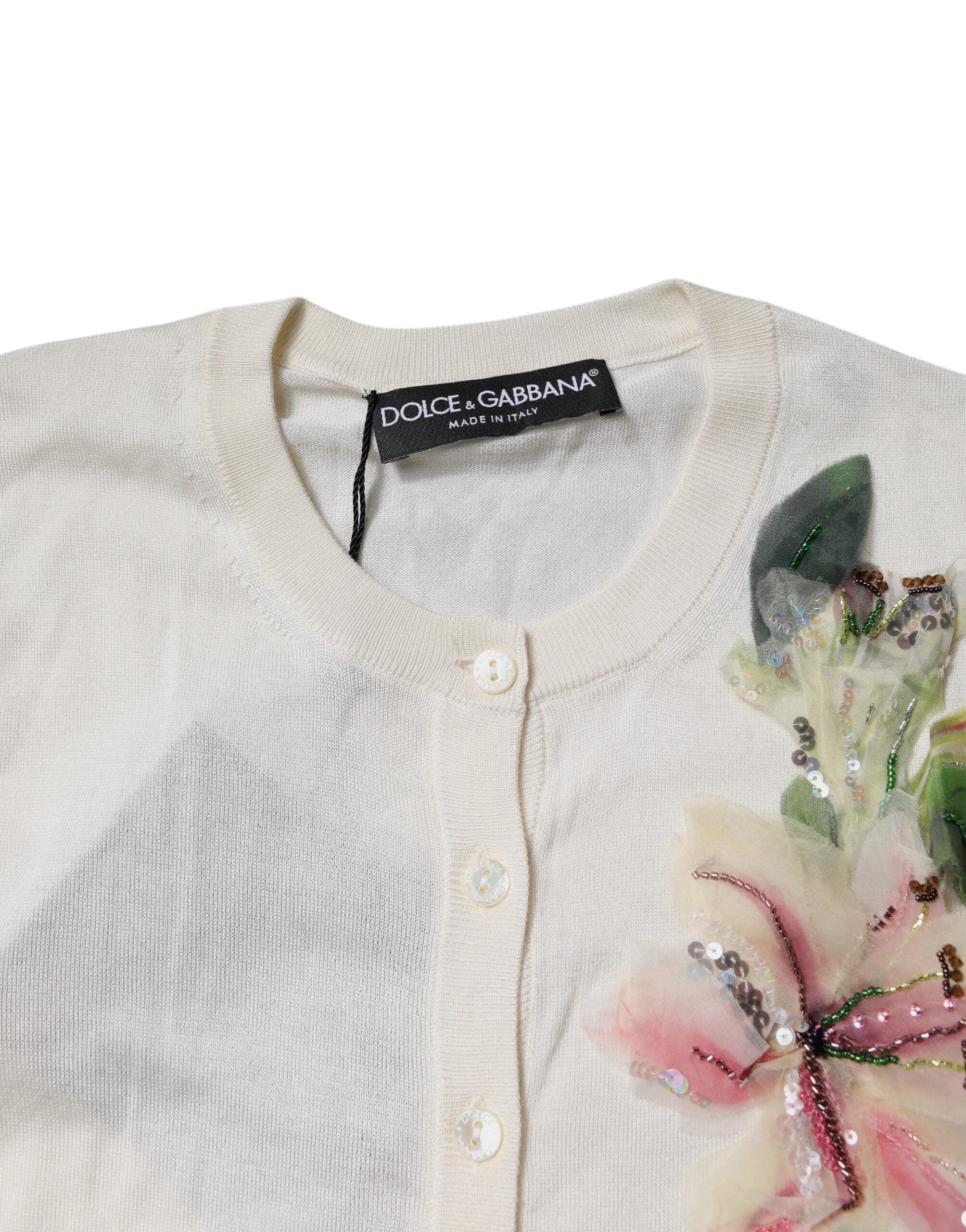Dolce & Gabbana Cremefarbener, floraler Strickpullover aus Seide mit Verzierungen