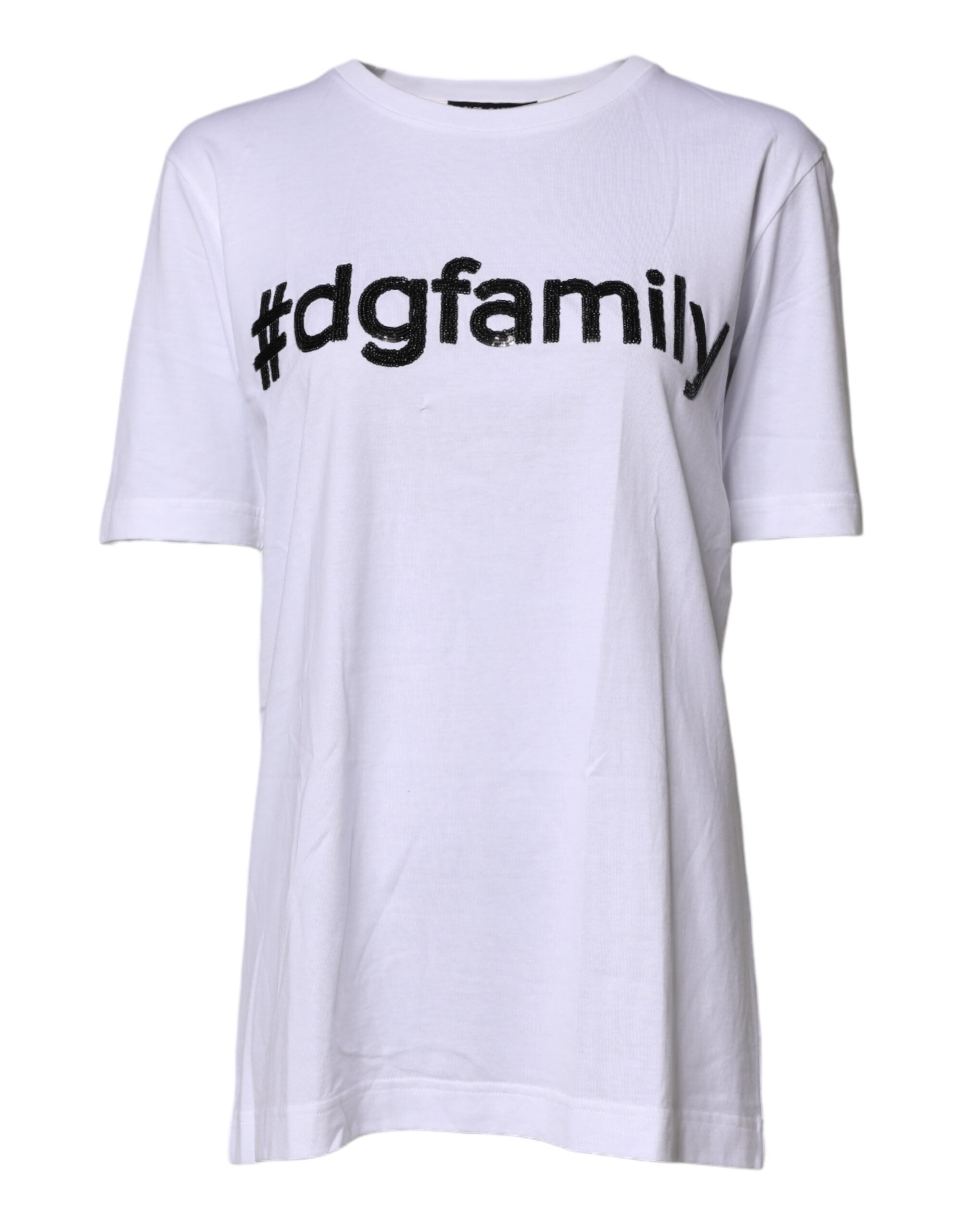 Dolce & Gabbana Weißes Baumwoll-T-Shirt mit Stickerei #DGFAMILY