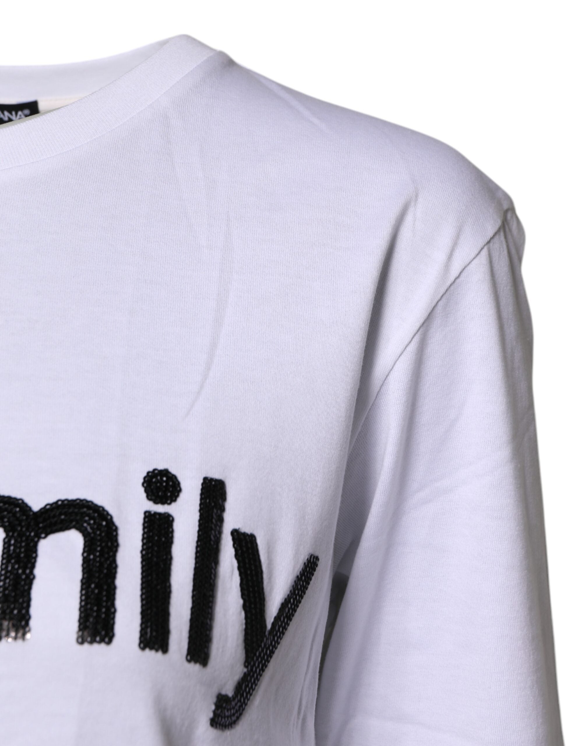 Dolce & Gabbana Weißes Baumwoll-T-Shirt mit Stickerei #DGFAMILY