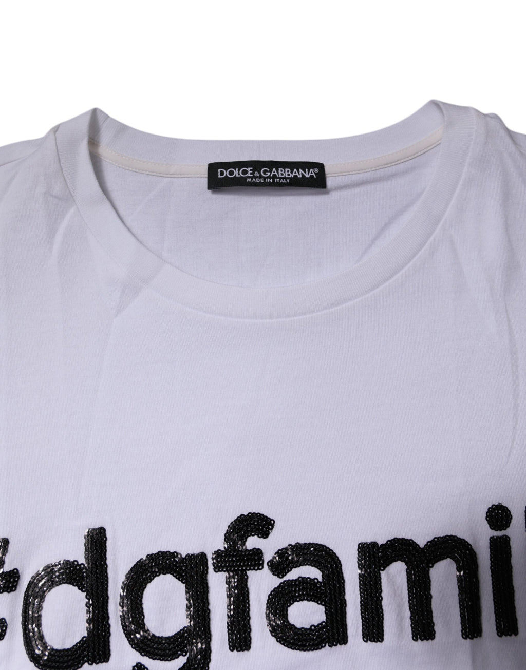 Dolce & Gabbana Weißes Baumwoll-T-Shirt mit Stickerei #DGFAMILY
