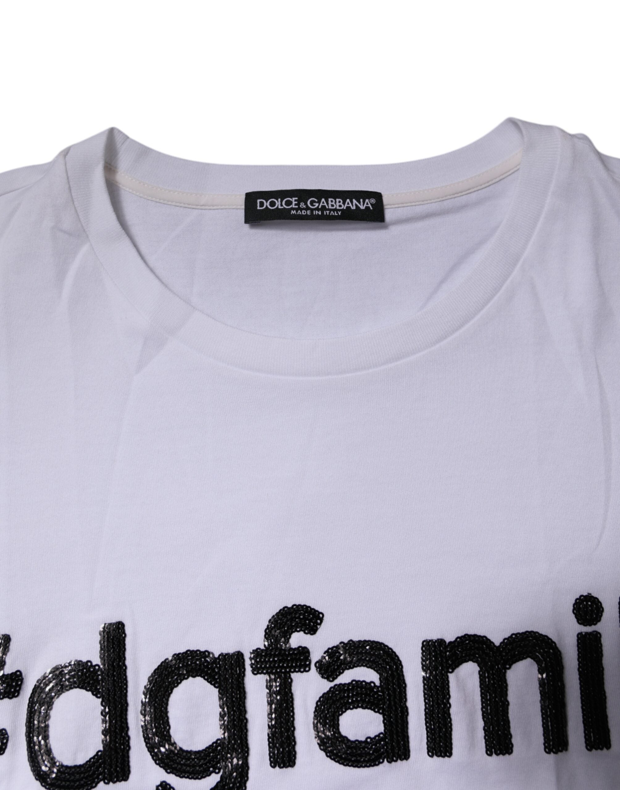 Dolce & Gabbana Weißes Baumwoll-T-Shirt mit Stickerei #DGFAMILY