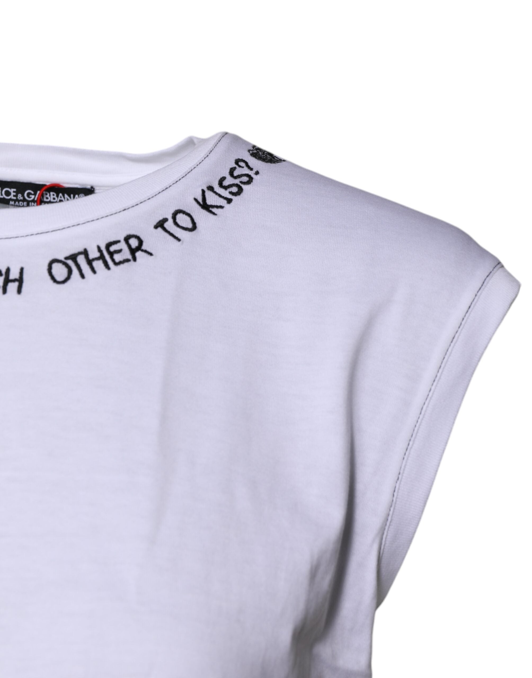 Dolce & Gabbana Weißes ärmelloses bedrucktes Tank-T-Shirt aus Baumwolle