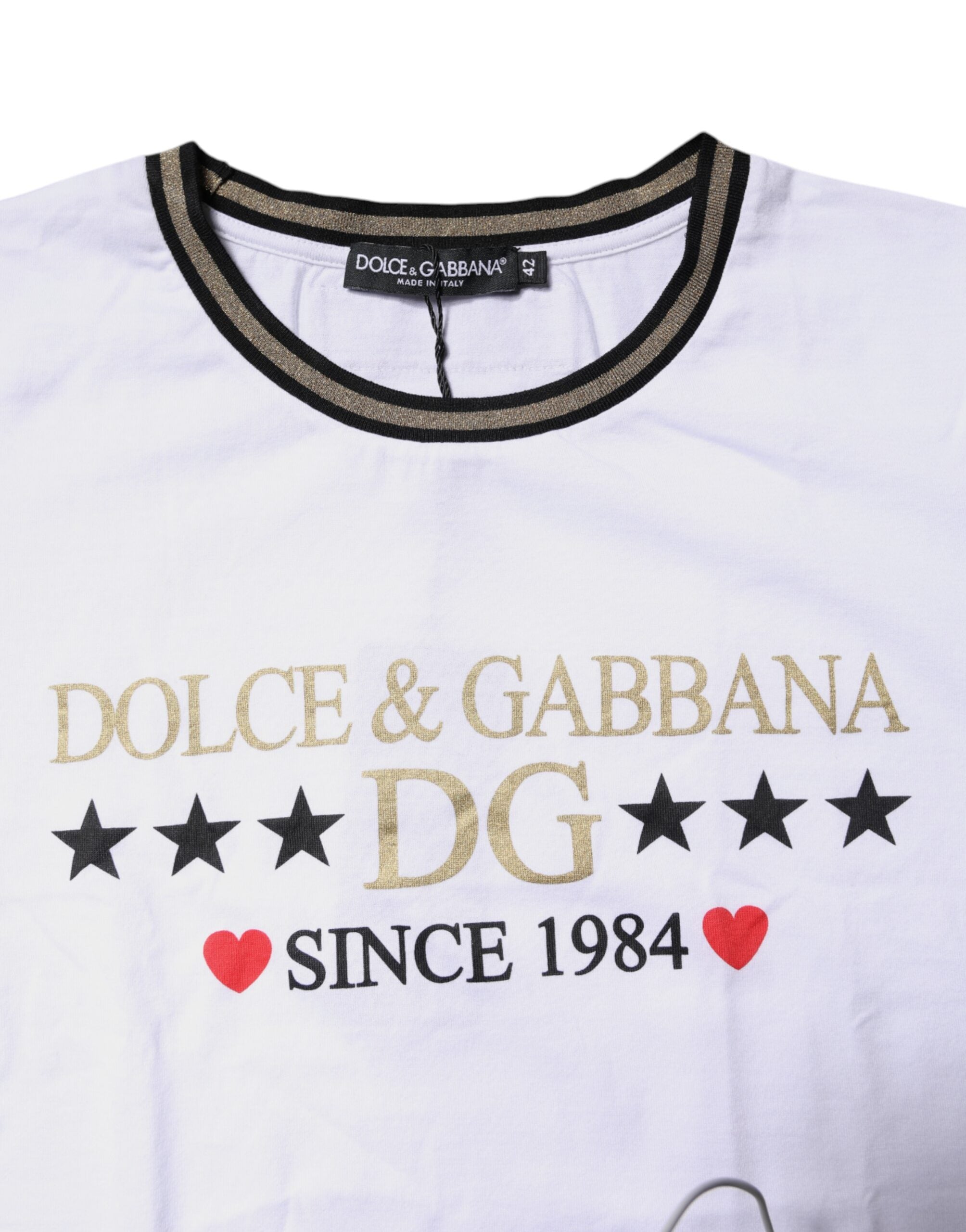 Dolce & Gabbana Weißes bedrucktes Baumwoll-T-Shirt mit Rundhalsausschnitt