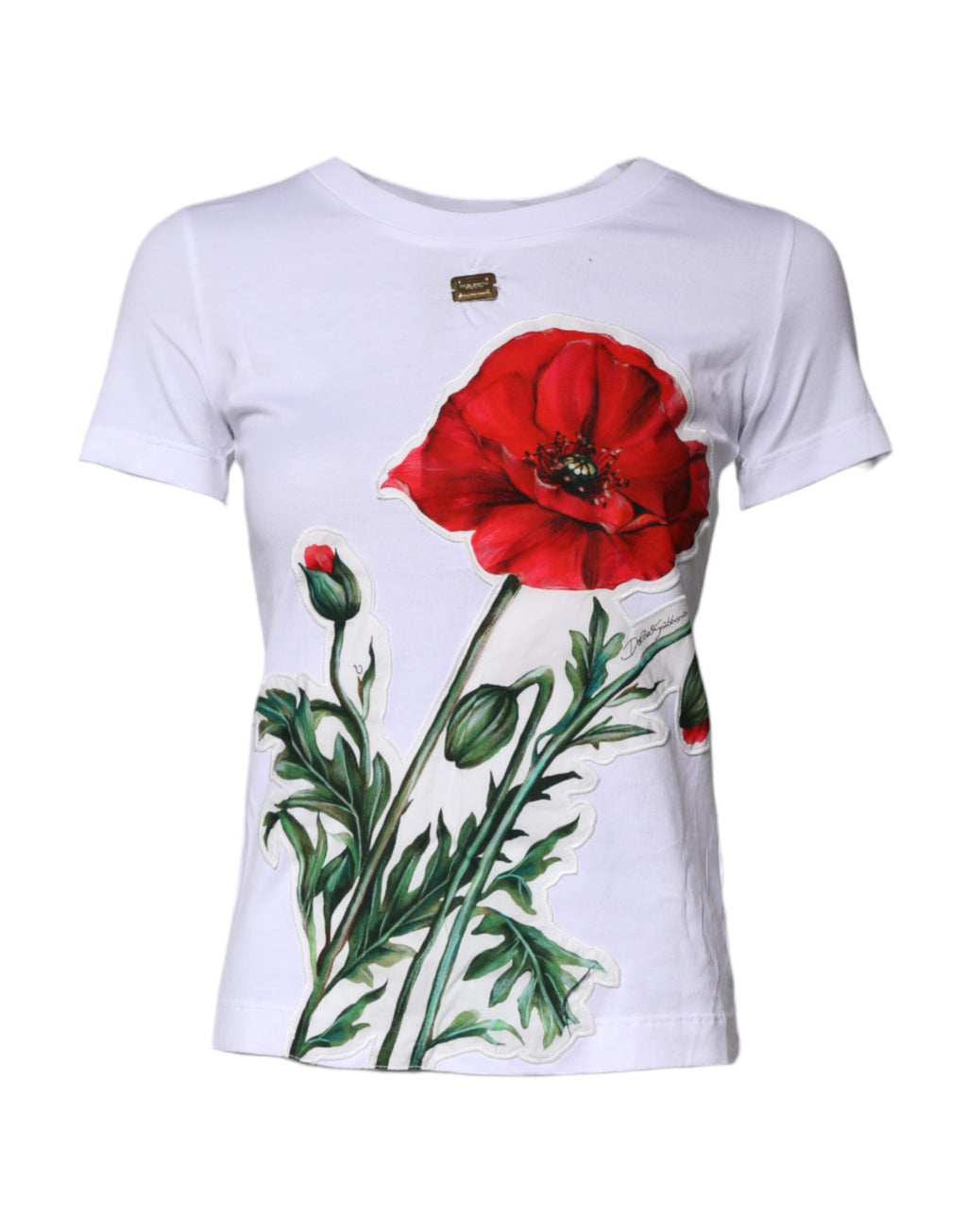 Dolce & Gabbana Weißes T-Shirt mit Rundhalsausschnitt und Blumendruck aus Baumwolle