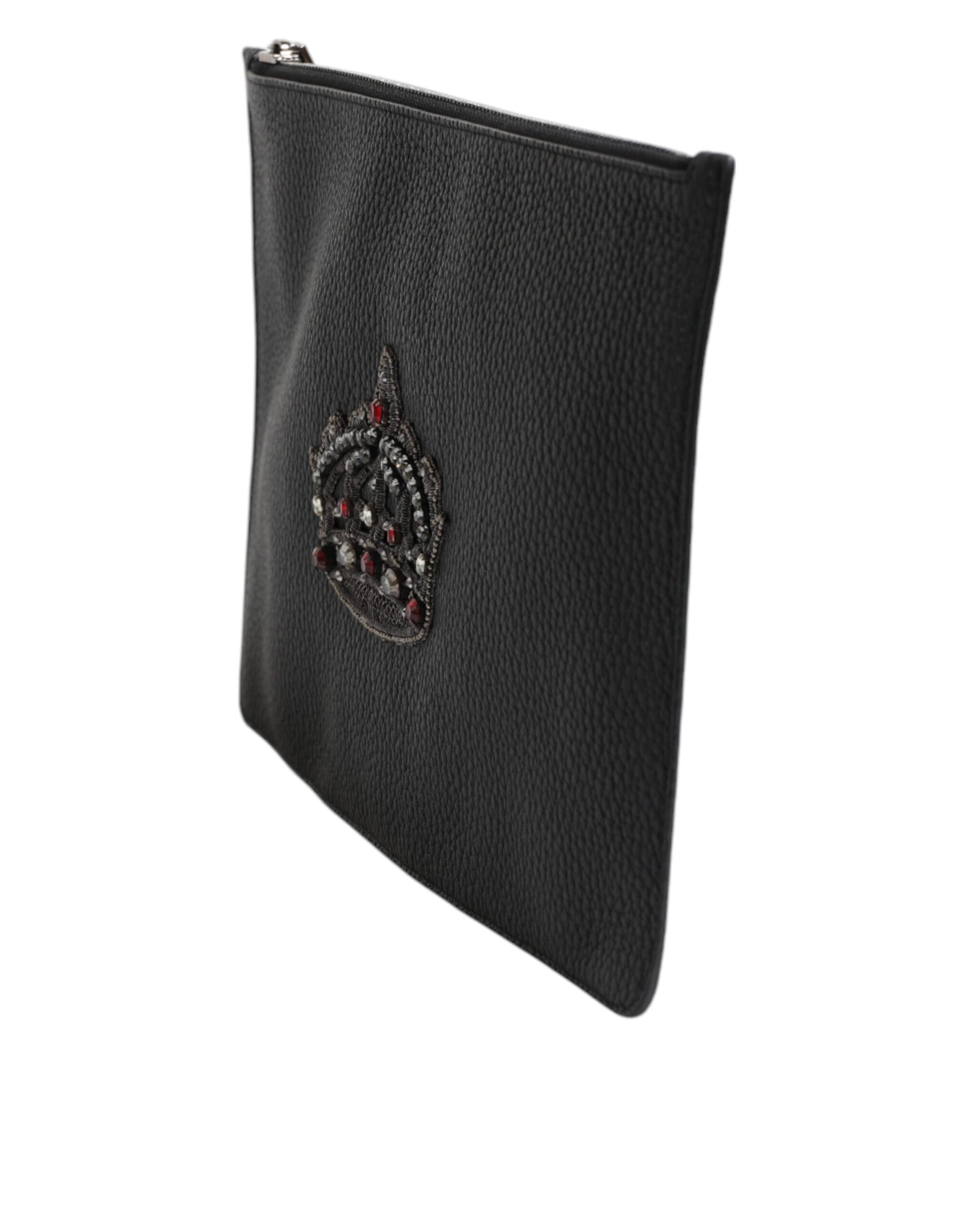 Dolce & Gabbana Schwarzes Kalbsleder Krone verschönert Clutch Pouch Tasche