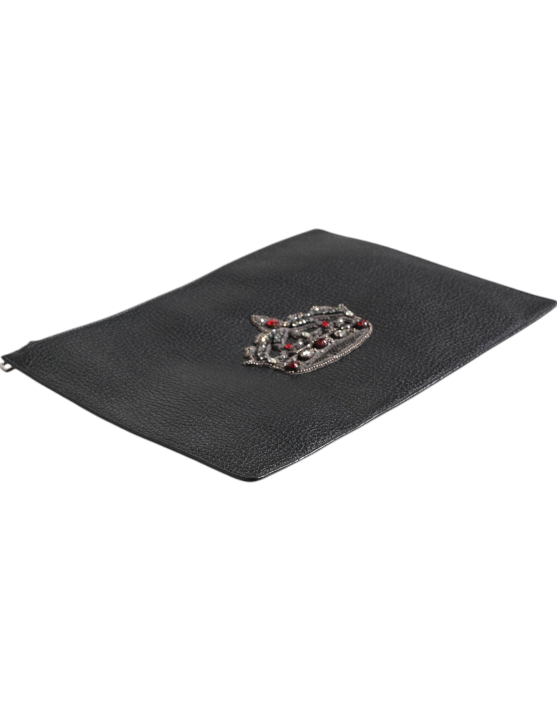 Dolce & Gabbana Schwarzes Kalbsleder Krone verschönert Clutch Pouch Tasche