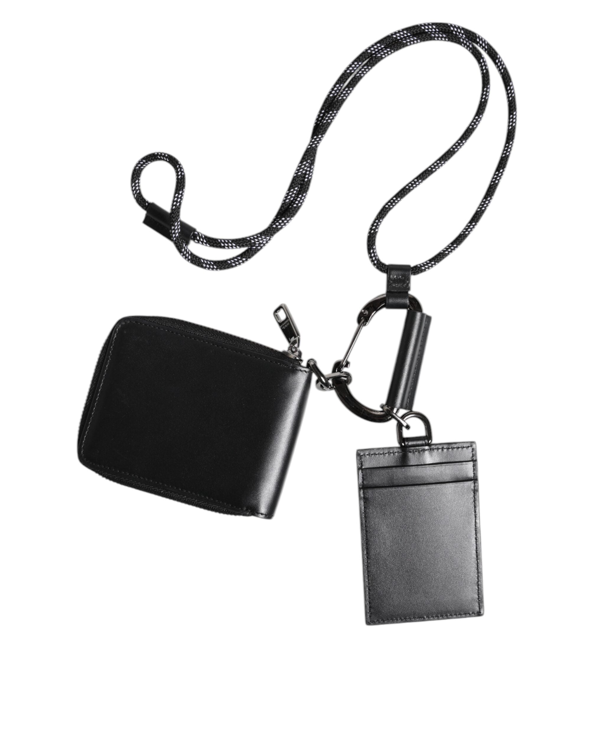 Dolce & Gabbana Schwarzes Leder Lanyard Zip Around Card Holder Wallet