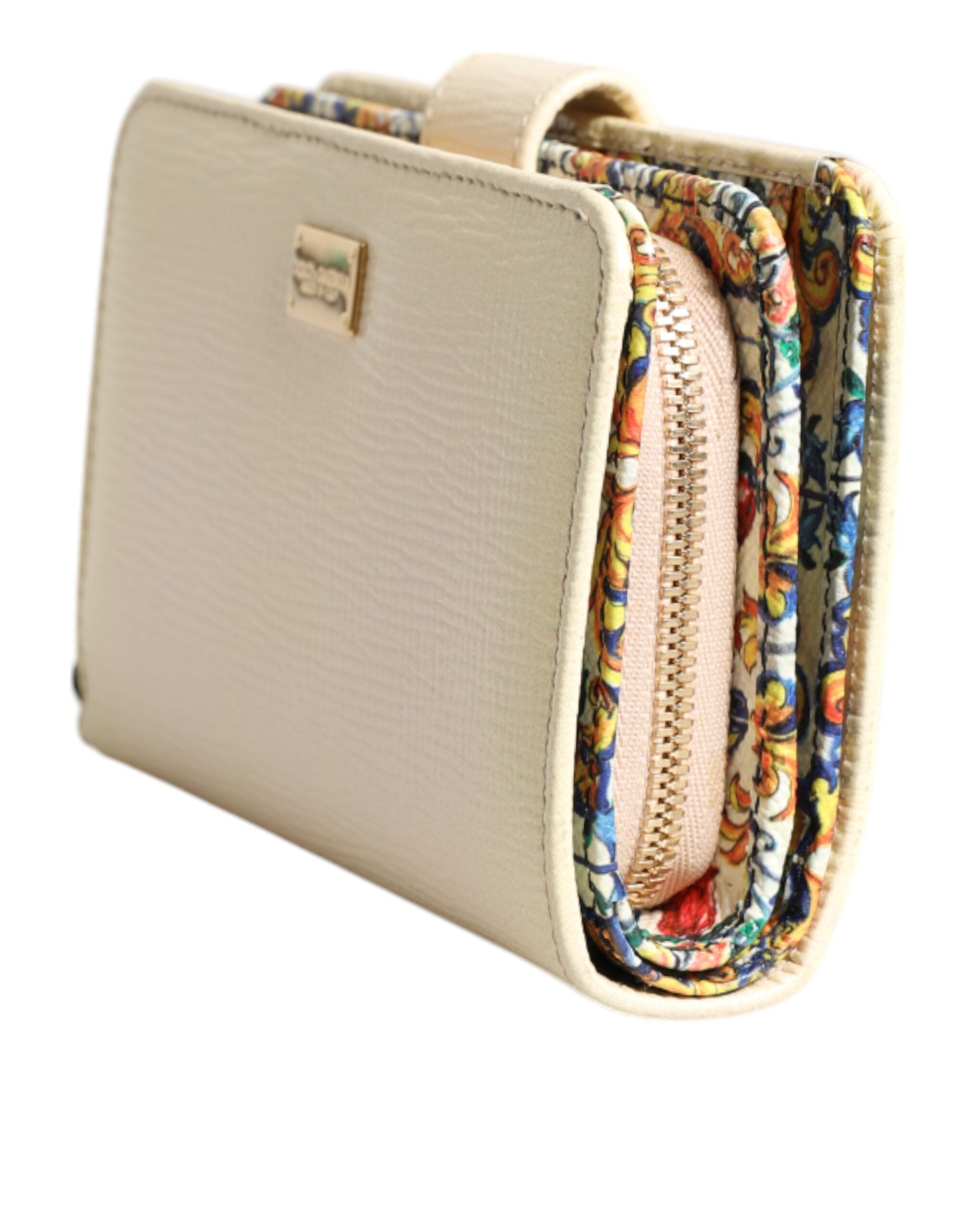 Dolce & Gabbana Elfenbeinfarbenes Kalbsleder Kompaktes Logo Plaque Kartenhalter Brieftasche