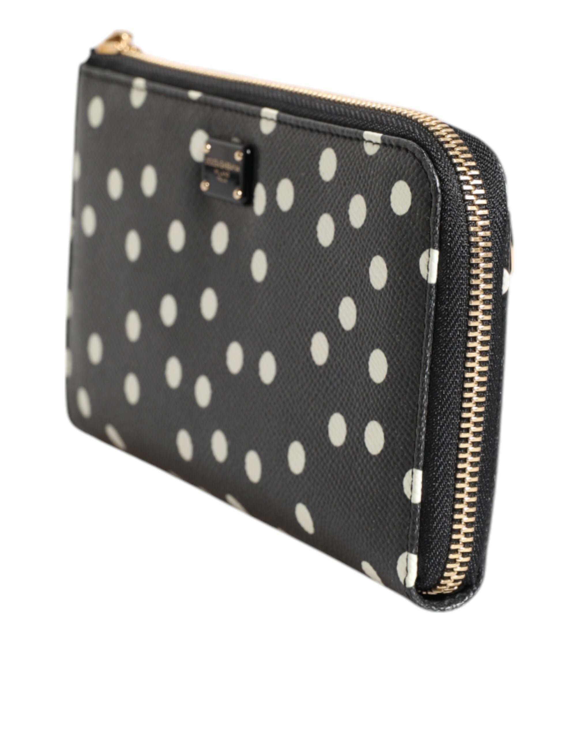 Dolce & Gabbana Schwarz-weiß gepunktetes Leder Zip Around Continental Brieftasche