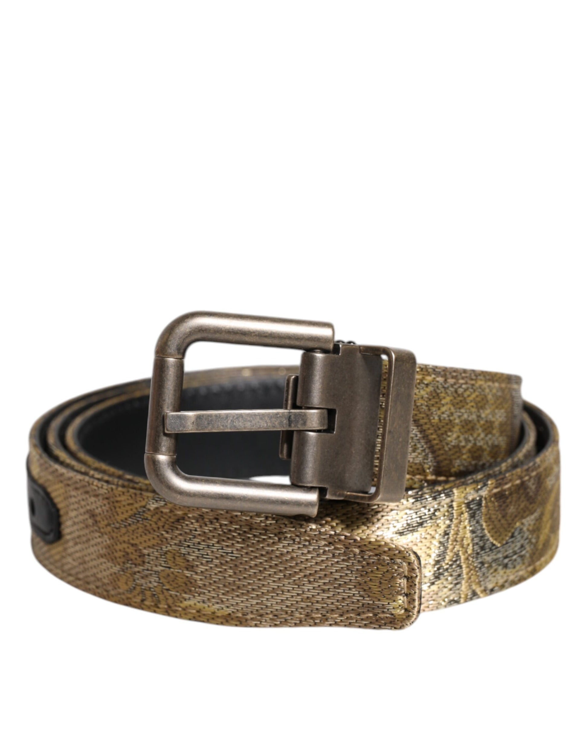 Dolce & Gabbana Goldfarbener Leder-Jacquardgürtel mit silberner Metallschnalle