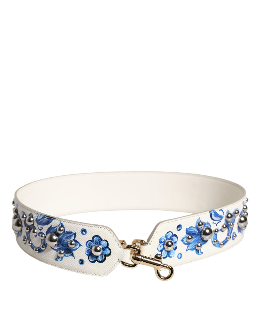 Dolce & Gabbana Weißer blauer geblümter Leder-Nieten-Schulterriemen