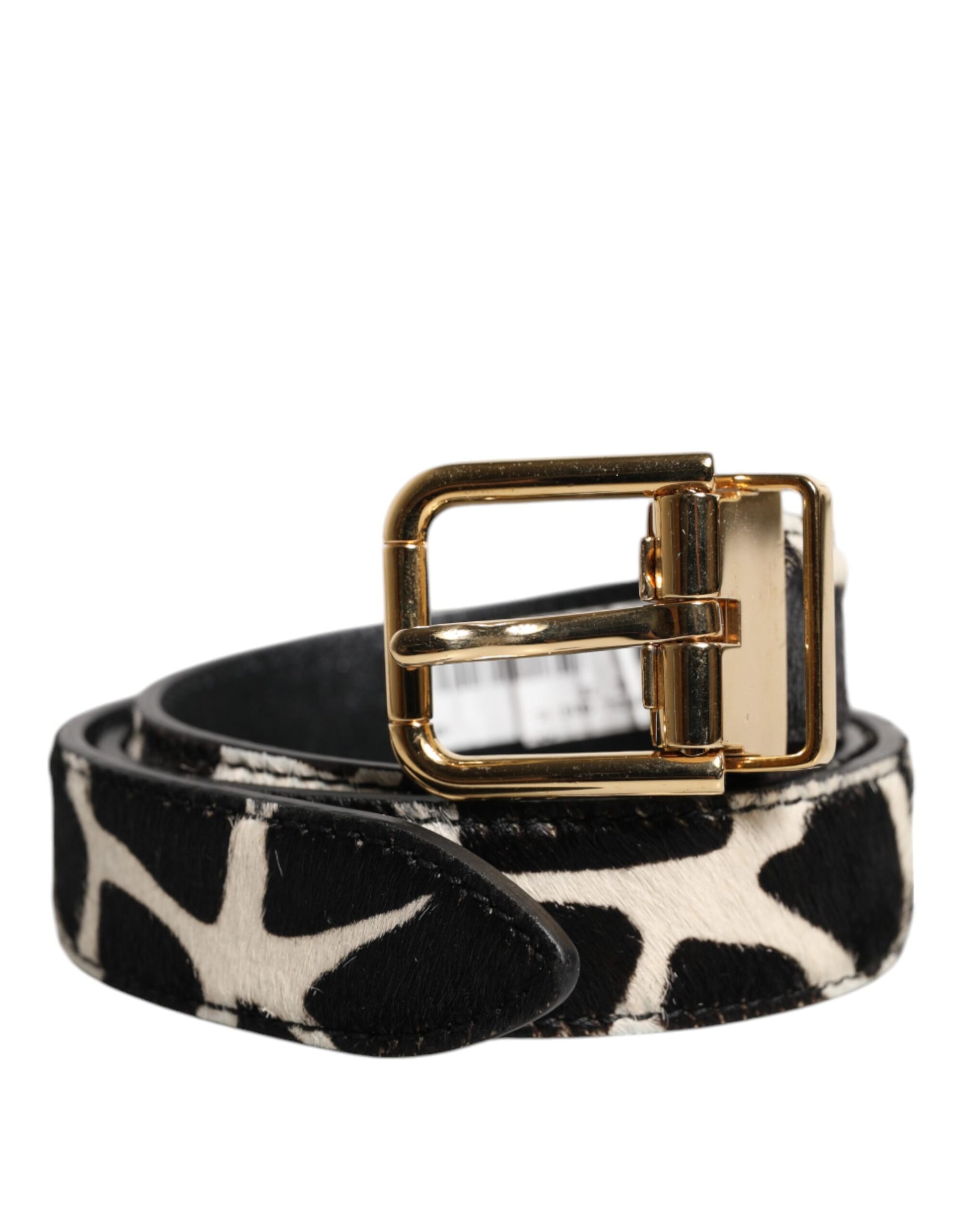Dolce & Gabbana Brauner weißer Ponyledergürtel mit Metallschnalle