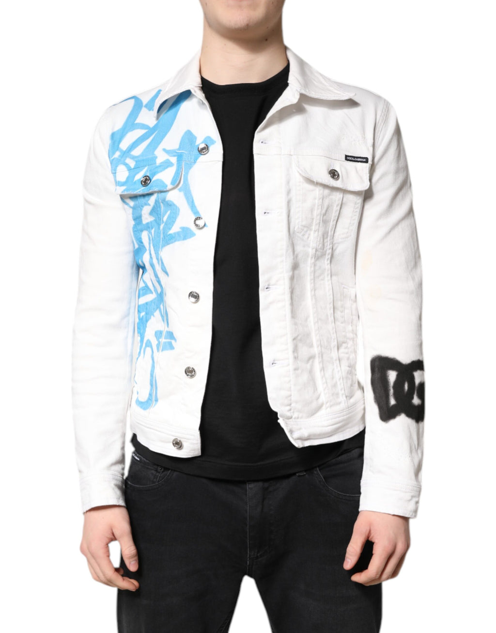 Dolce & Gabbana Weiße Graffiti-Baumwoll-Stretch-Denim-Jacke