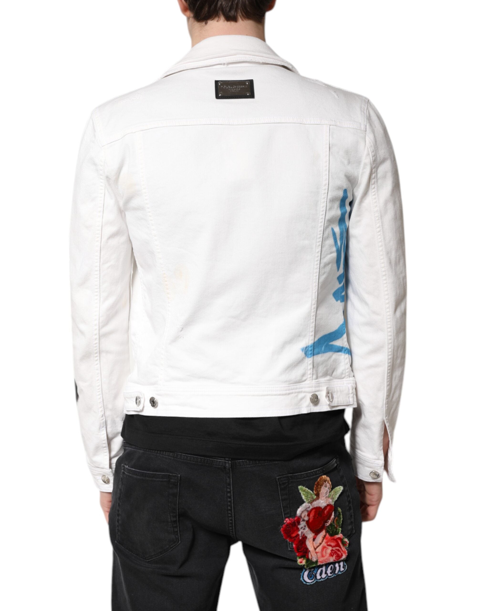 Dolce & Gabbana Weiße Graffiti-Baumwoll-Stretch-Denim-Jacke