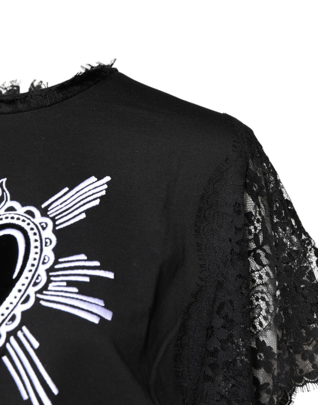 Dolce & Gabbana Schwarzes Top mit Rundhalsausschnitt aus transparenter Spitze Sacred Heart