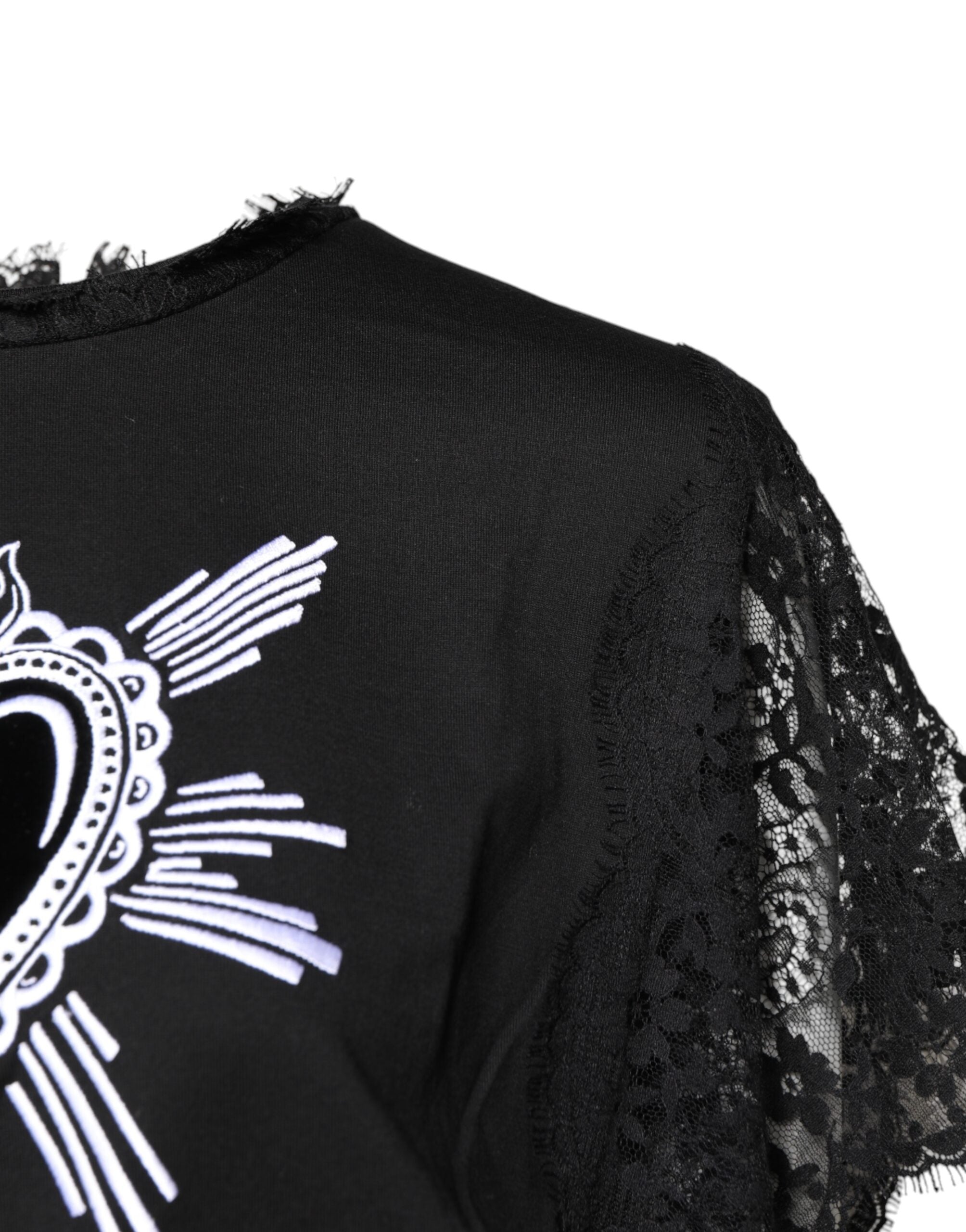 Dolce & Gabbana Schwarzes Top mit Rundhalsausschnitt aus transparenter Spitze Sacred Heart
